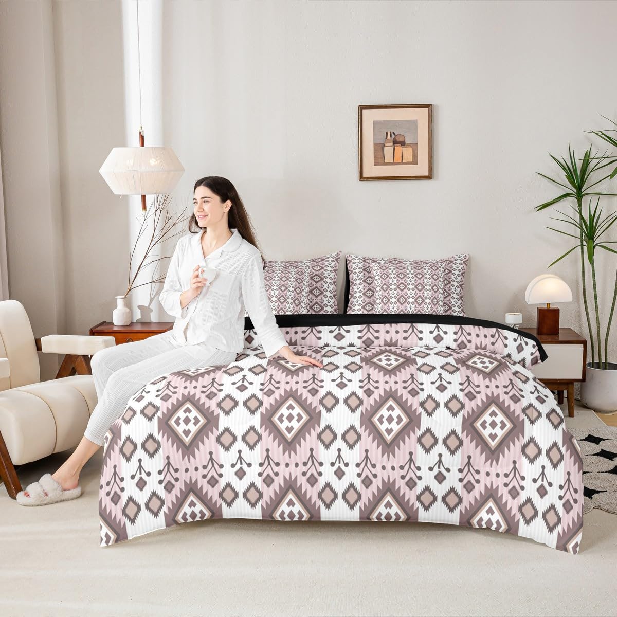 Erosebridal 7 Pcs Country Western Bedding Set King Native Aztec Southwestern Comforter Set Boho Exotic Bed in A Bag for Adults Bohemian Mexican Diamond Quilt with Flat Fitted Sheet