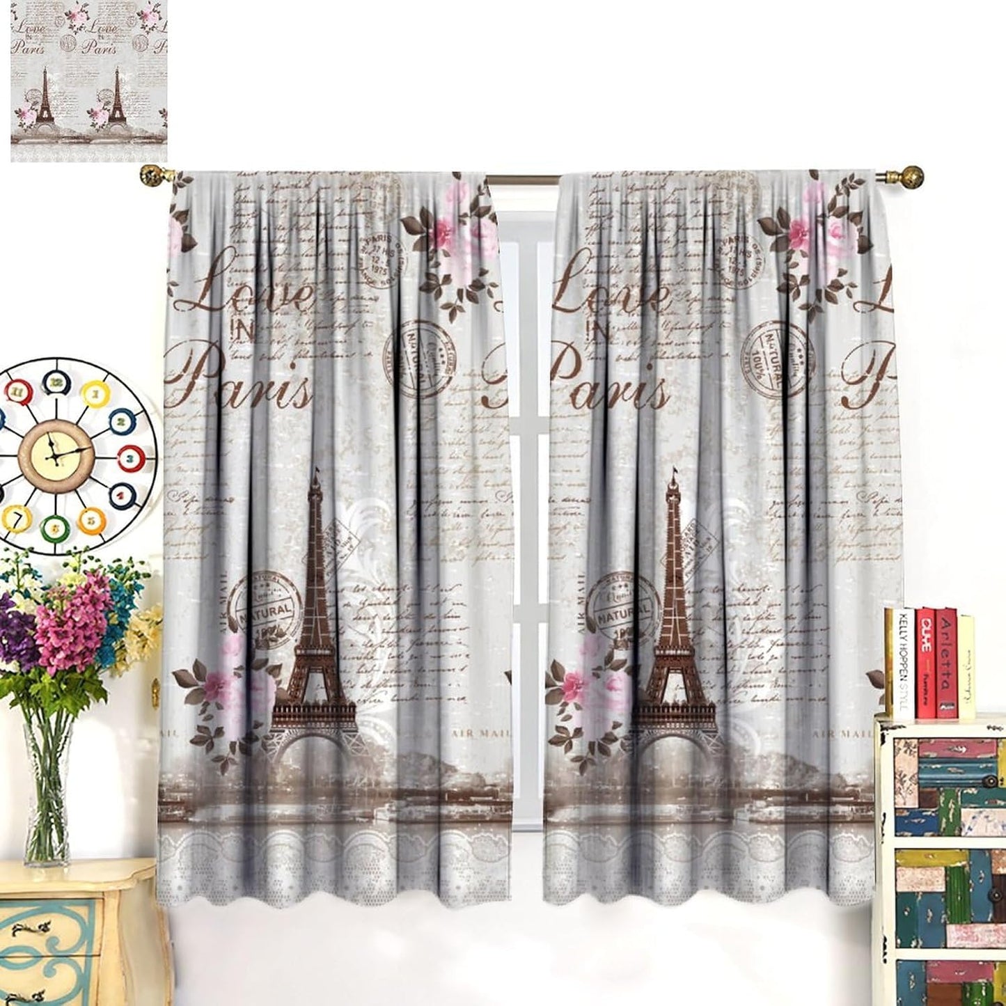 HZOHNAGO Paris Eiffel Tower Curtains Retro Pink Flowers Towers Pattern Blackout Print Rod Pocket Window Drapes for Bedroom Living Room 42x45in