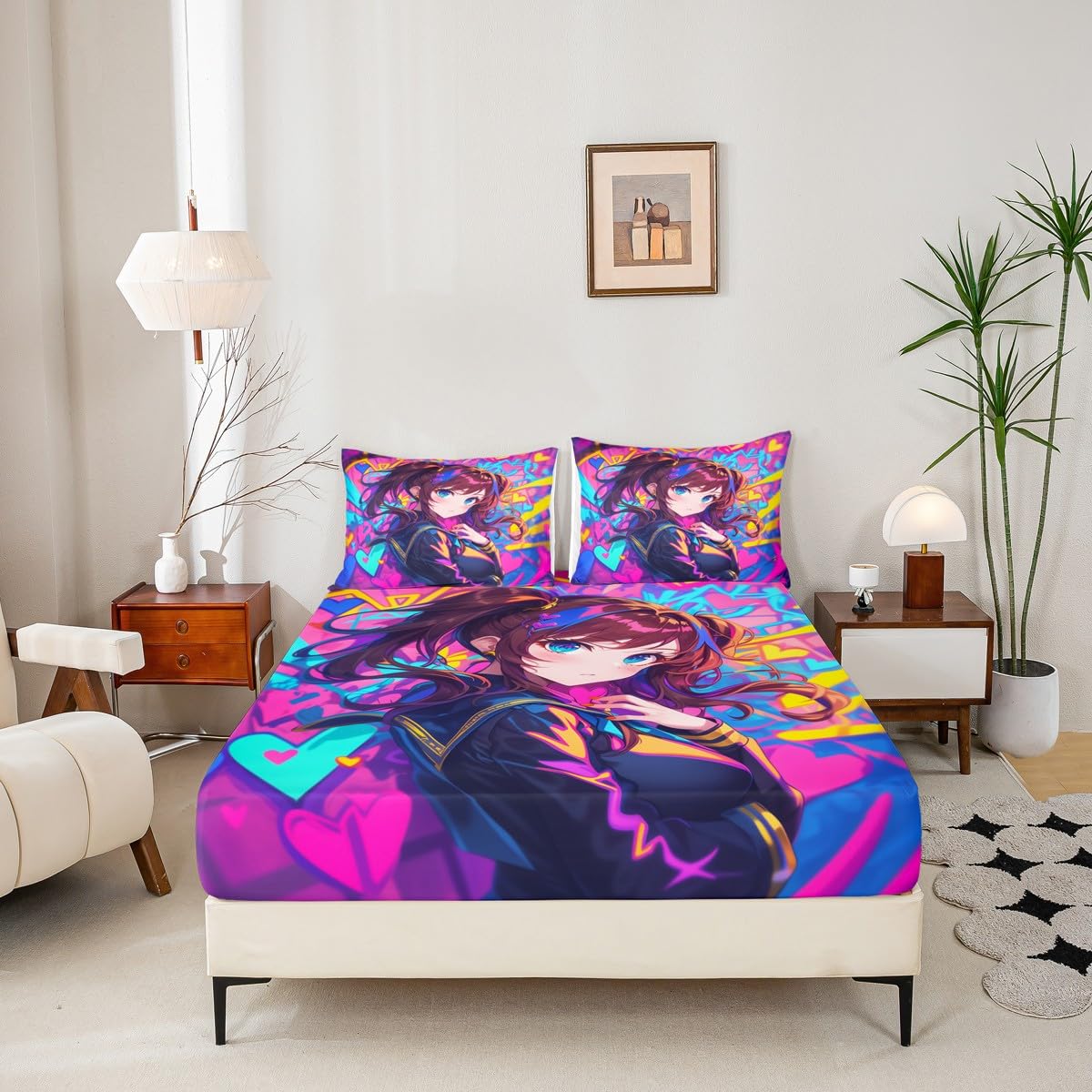 Erosebridal Anime Girl Full Fitted Sheet, Japanese Anime Bed Sheets for Kids Girls Teens Adult Bedroom, Cartoon Girl Bedding Set Kawaii Japanese Animation Sheets 3 Piece, Purple