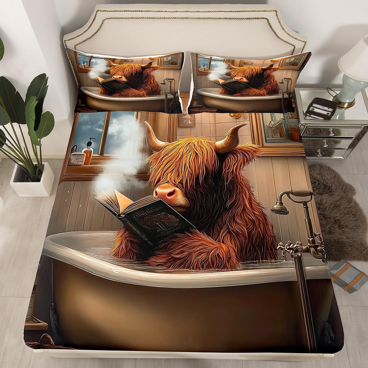 Highland Cow Bedding Sets Full Size,Western Animal Bed Sheets 4Pcs for Kids Girls Boys Adult Bedroom Decor,Funny Bath Theme Fitted Sheet Brown Rustic Cow Pattern Top Flat Sheet,2 Pillowcases