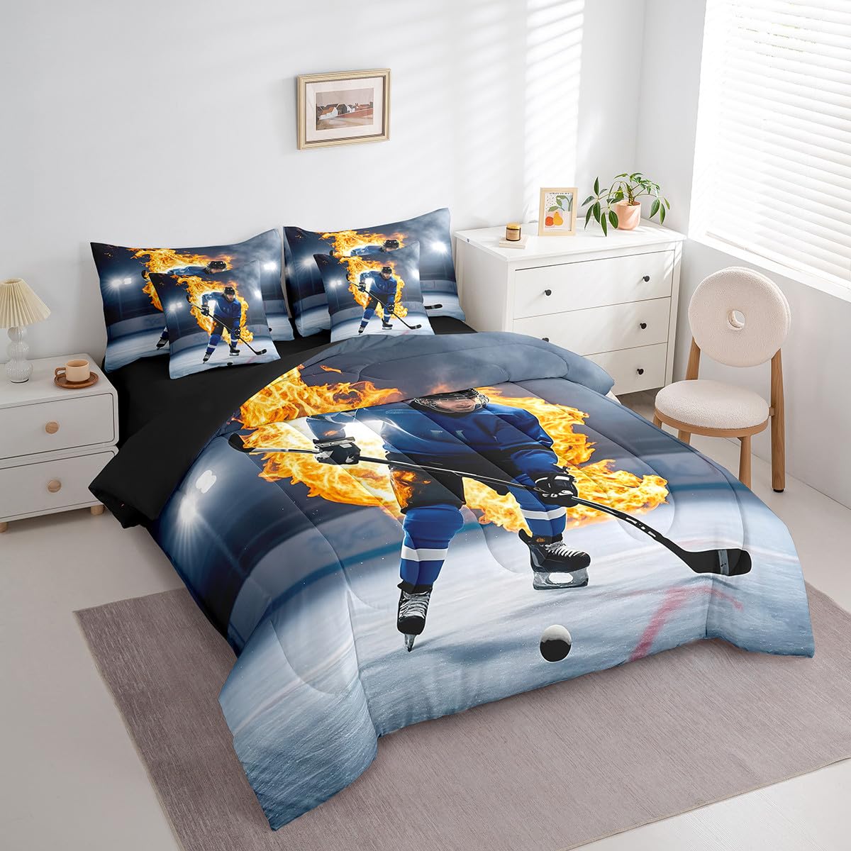 Erosebridal Teens Ice Hockey Bed in A Bag 7 Piece Puck Comforter Set Twin Size Sports Games Bedding Sets for Kids Teens Boys Girls Winter Match Grunge Sheet Set