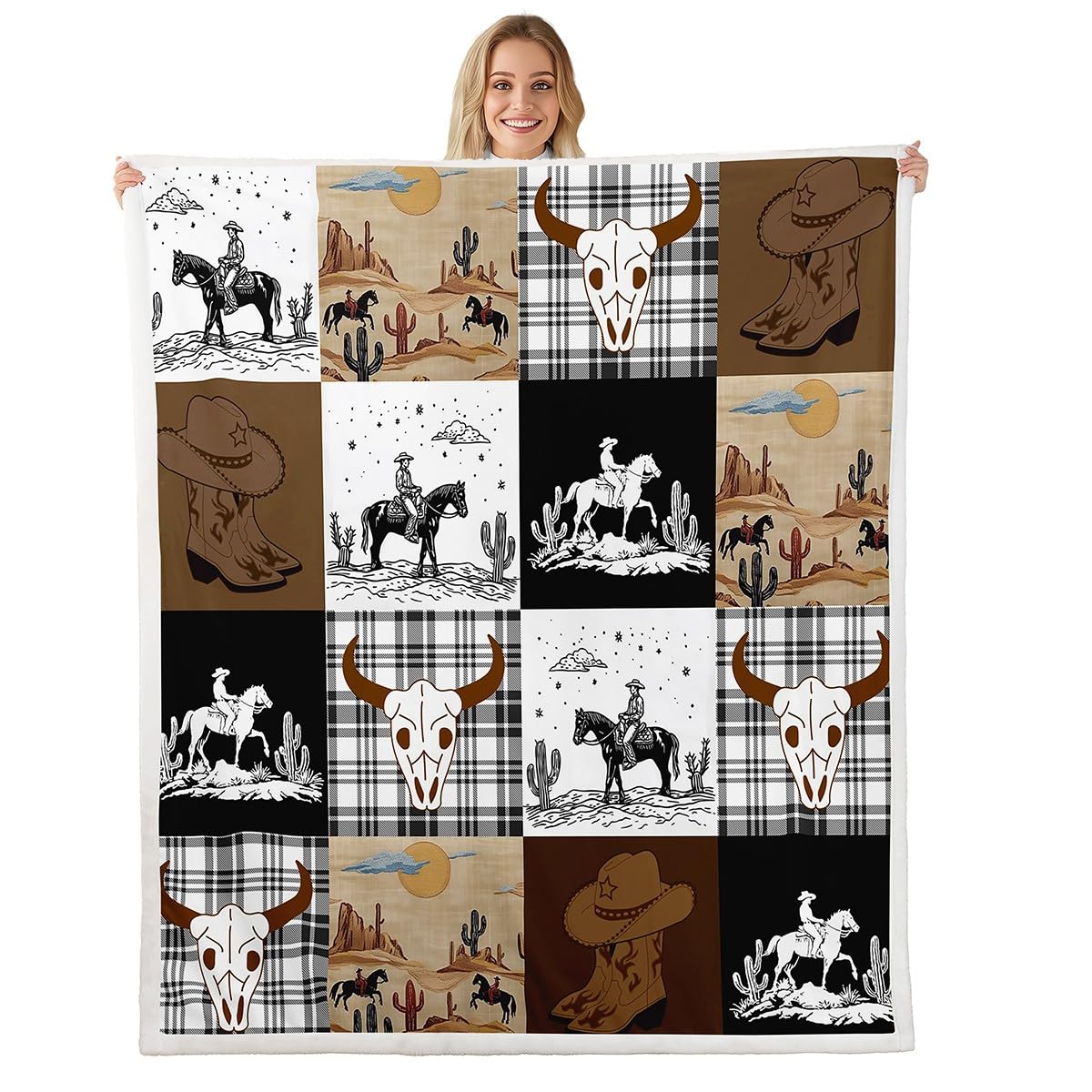 Erosebridal Boho Skull Bull Horse Sherpa Blanket Twin Size, Western Cowboy Fleece Blanket, Exotic Geometric Grid Patchwork Fuzzy Plush Throw, Southwestern Rustic Farmhouse Decor for Sofa Couch