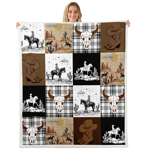 Erosebridal Boho Skull Bull Horse Sherpa Blanket Twin Size, Western Cowboy Fleece Blanket, Exotic Geometric Grid Patchwork Fuzzy Plush Throw, Southwestern Rustic Farmhouse Decor for Sofa Couch