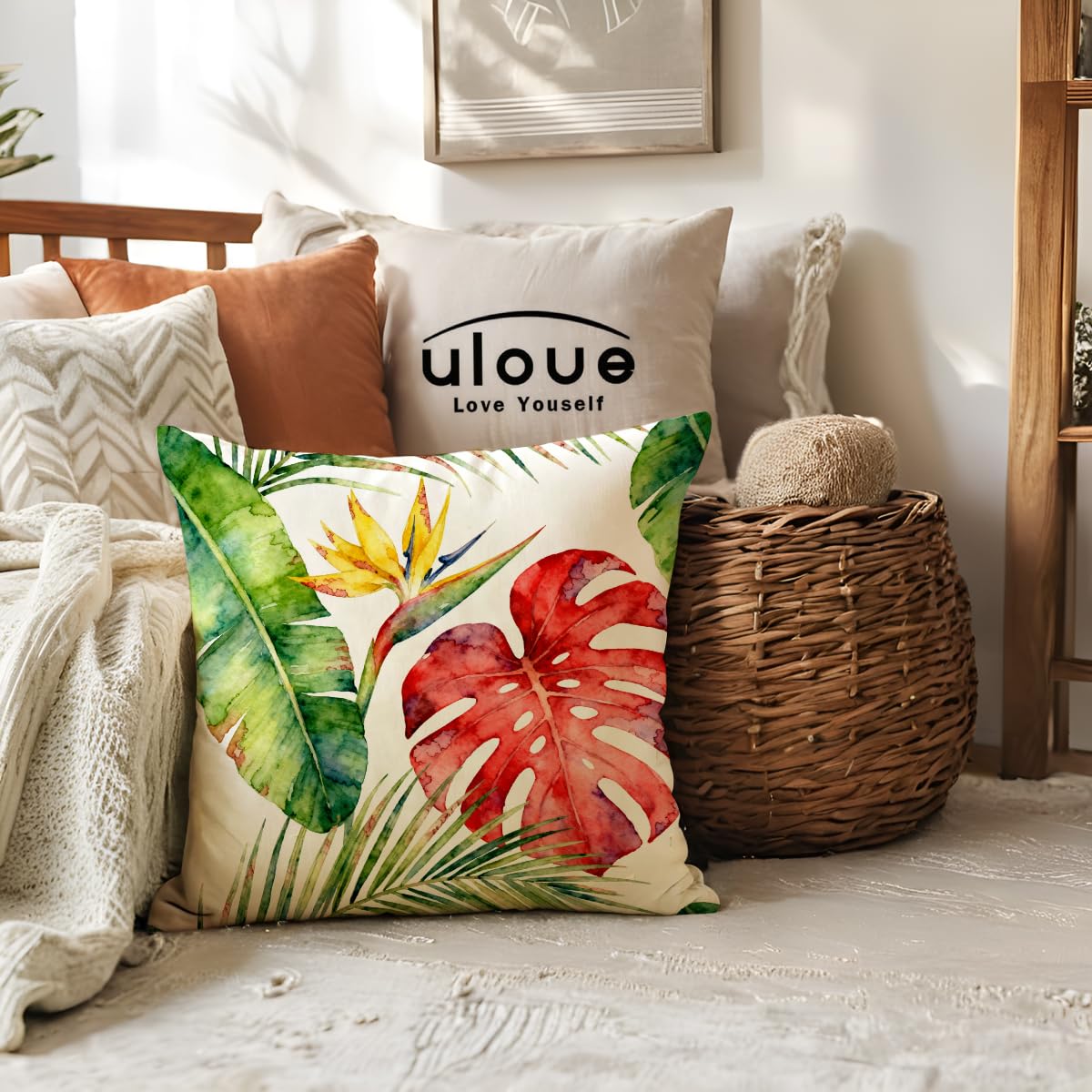 ULOVE LOVE YOURSELF Monstera Leaf Pillow Covers 2Pack Tropical Bird of Paradise Cushion Covers Botanical-Themed Decorative Pillowcases 18×18 Inch for Sofa Couch Porch Patio(Yellow/Red)
