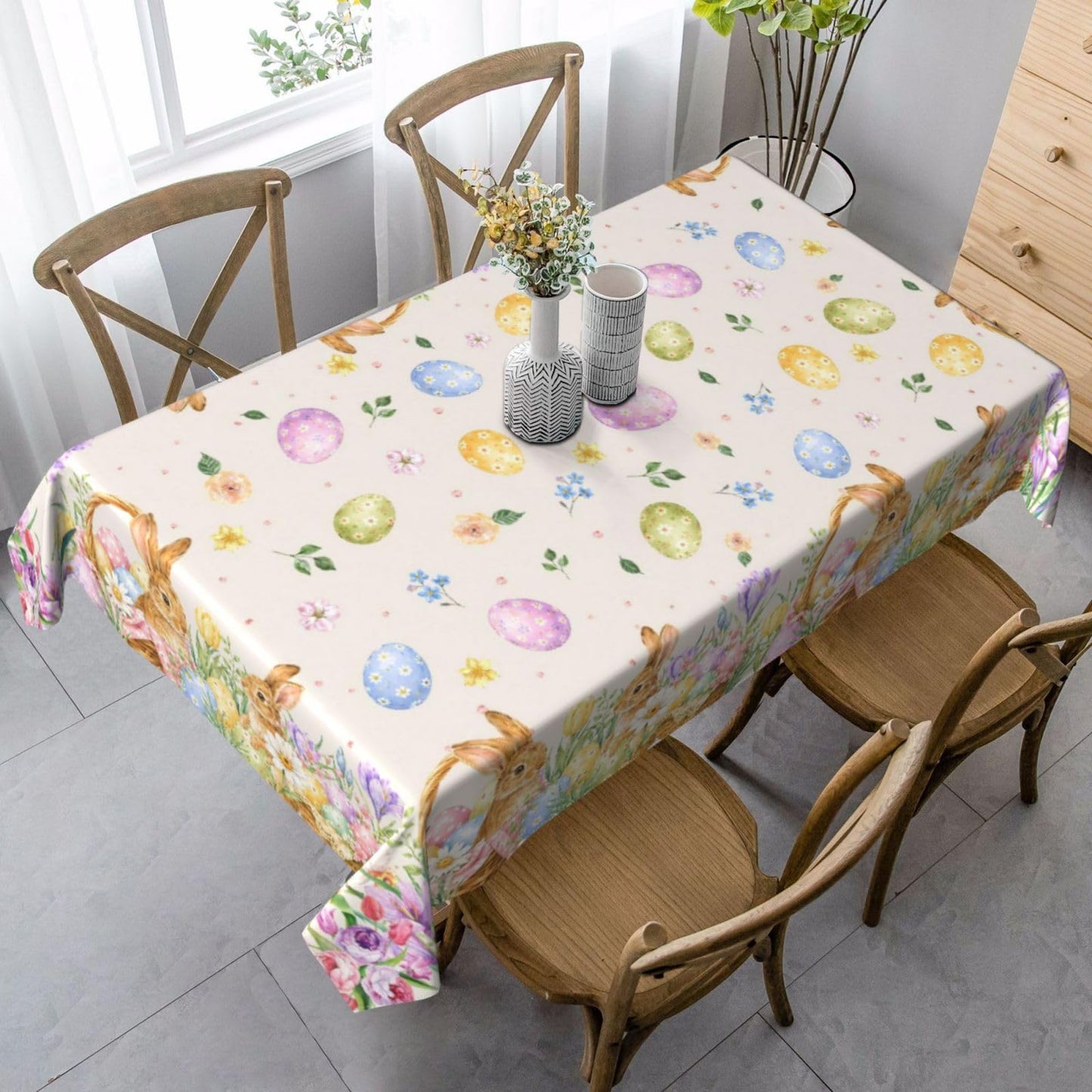mutakin Easter Eggs Tablecloth Bunny Egg Rectangle Table Cloth Washable Table Cover Waterproof for Decoration Kitchen Dining Room 60x90 Inch