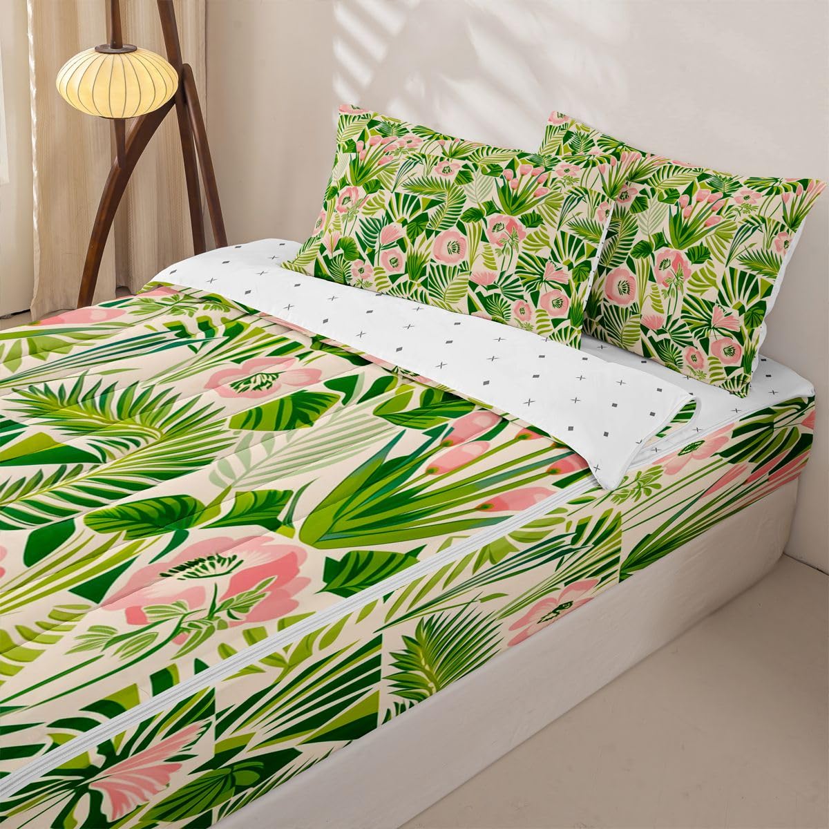 jejeloiu Floral Zipper Bedding Sets for Kids Boys Girls Pink Green Flowers Twin Comforter Set with Fitted Sheet Coloful Botanical Bedroom Decor Cute Microfiber with 2 Pillow Cases