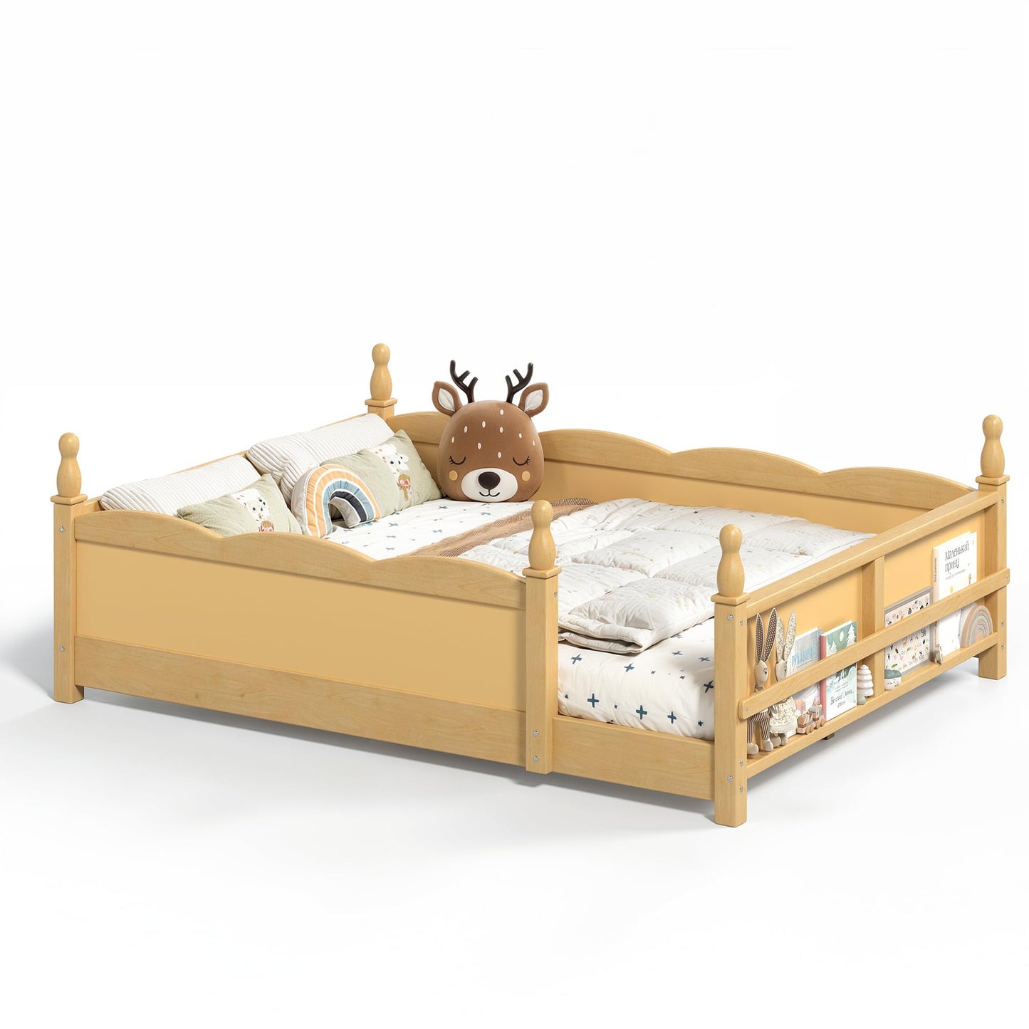 KEIKI Full Size Wood Montessori Floor Bed Frame with Beside Book Shelf, for Girls and Boys, Floor Bed with Full-Length Guardrails & Slats, Easy Assembly, No Box Spring Required, for Bedroom, Natural