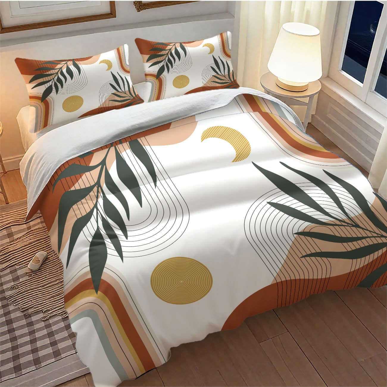 Lnepty Boho Leaf Bedding Set,Mid Century Palm Tropical Leaf Abstract Geometric Modern Minimalism Comforter Set with Pillowcase for Bedroom Bed Decor，Twin 86"x70"