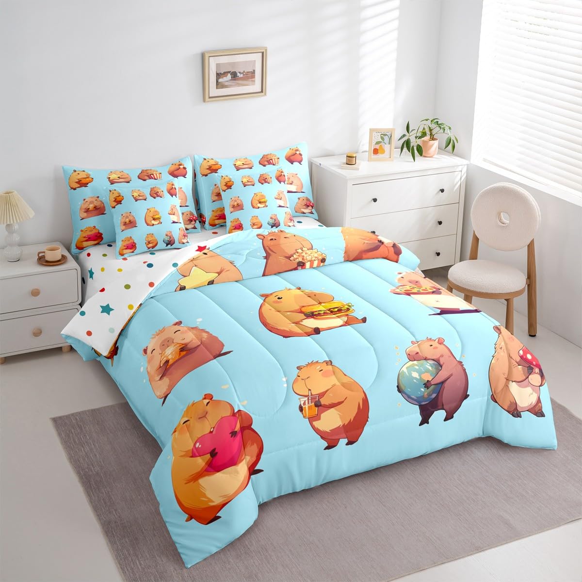 Erosebridal Funny Capybaras 7 Pieces Bedding Set Twin,Capybara Lover Bed in a Bag,Cartoon Rodents Bed Set Includes Comforter,Sheet Set,Pillowcases & Pillow Covers,Blue Khaki Capybara Bedroom Decor