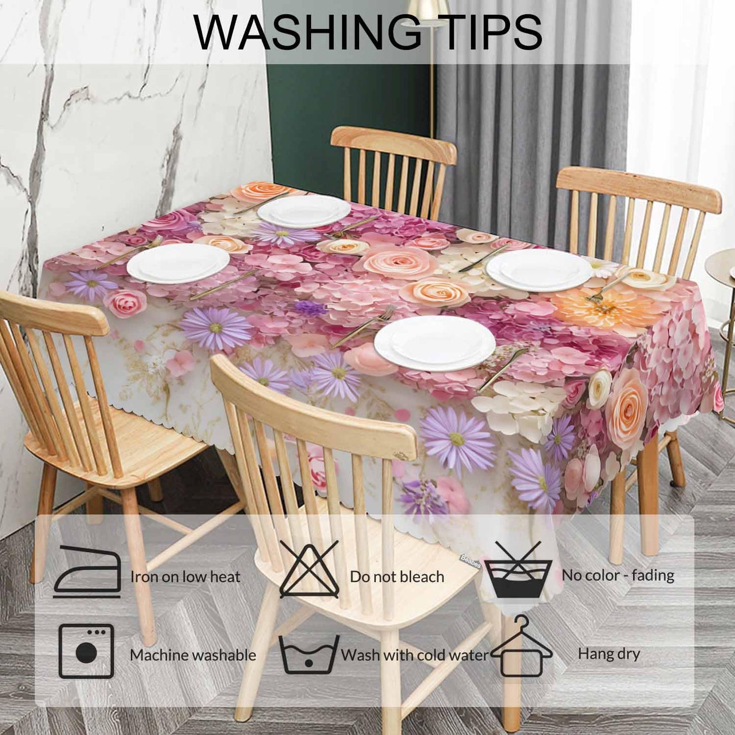 Beabes Rose Dinner Tablecloth Table Cover, Pink Wall Floral Roses Peonies Blossom 52x70 Inch Table Cloth Dust-Proof Table Cover Protector for Home Restaurant Picnic Camping BBQ