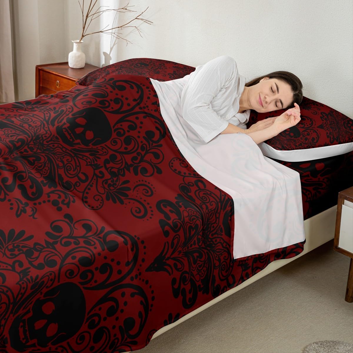 Feelyou Gothic Skull Bed Sheets Set Full Size Damask Print Bed Set Goth Bohemian Deep Pocket Fitted Sheet Black Red Breathable Soft Lightweight Microfiber