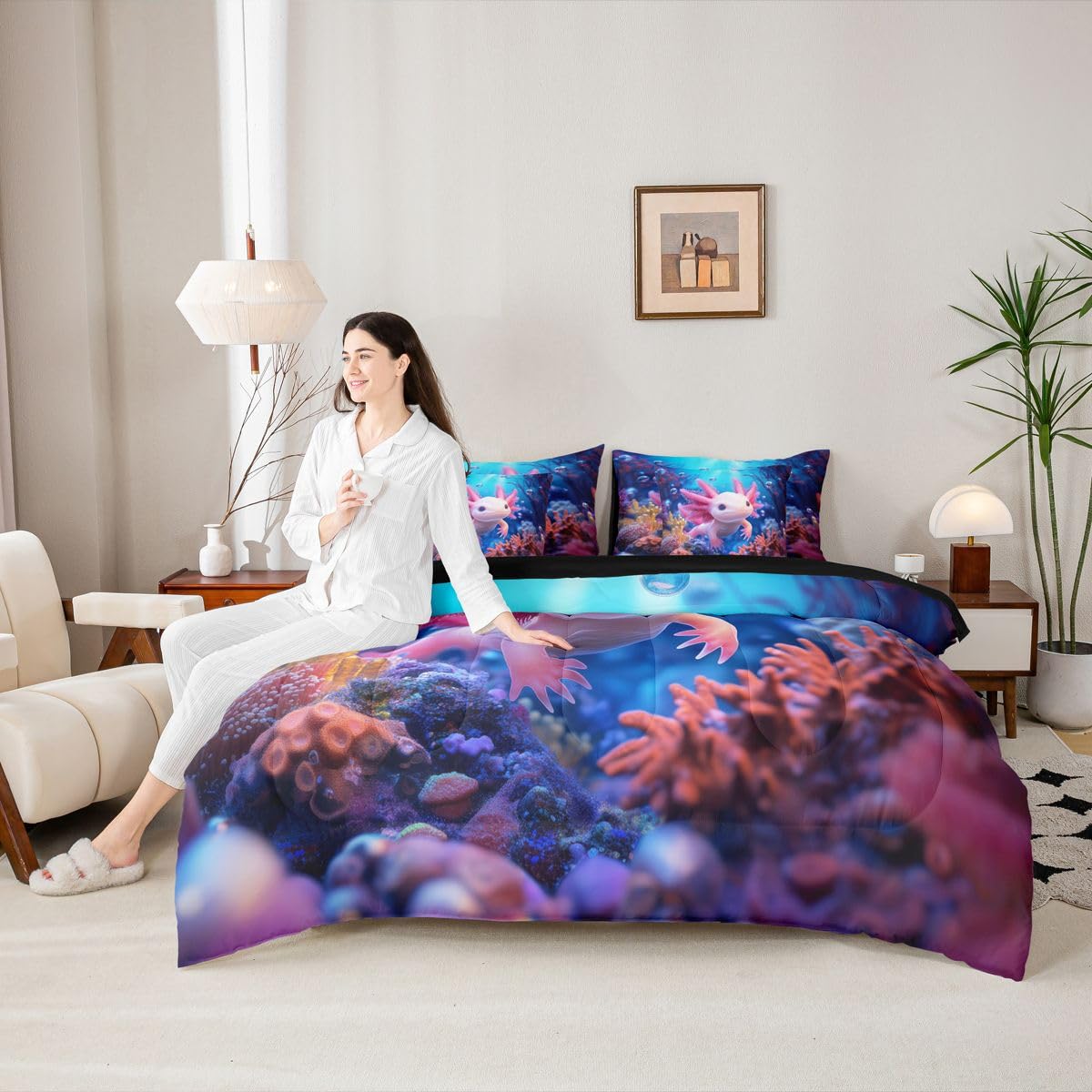 Erosebridal Kids Axolotl Queen Bedding Set for Boys Girls Underwater Axolotl Comforter Set with Flat and Fitted Sheet Coral Reef Seabed World 7-Piece Bed in a Bag 3D Reality Reptile Animal Quilt Sets
