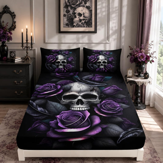 UEVBF Death Skull Heads Twin Size Fitted Sheet Sets,Horror Themed Gothic Bedding for Kids Teens Boys Room Decor,Mysterious Floral Spider Western Bedding,1 Fitted Sheet + 2 Pillowcases.