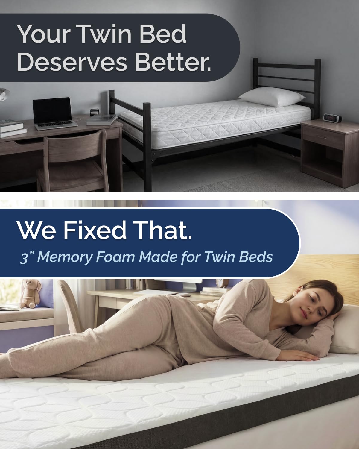 Mattress Topper - 3 Inch Memory Foam Mattress Topper with Cooling Cover for Hot Sleepers - Plush, Thick & Comfy - Pain & Pressure Relief - Twin Size Mattress Pad with Straps & Removable Washable Cover