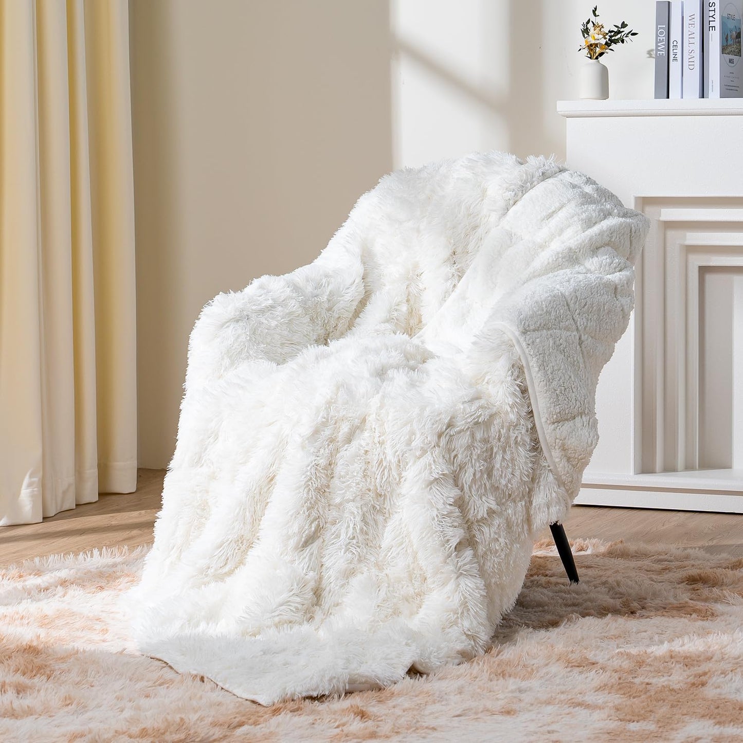Topblan Faux Fur Weighted Blanket 12lbs, Shaggy Fuzzy Throw Blanket with Premium Sherpa Fleece, Warm and Cozy Bed Blanket to Help with Better Sleep, 48x72 inches Cream