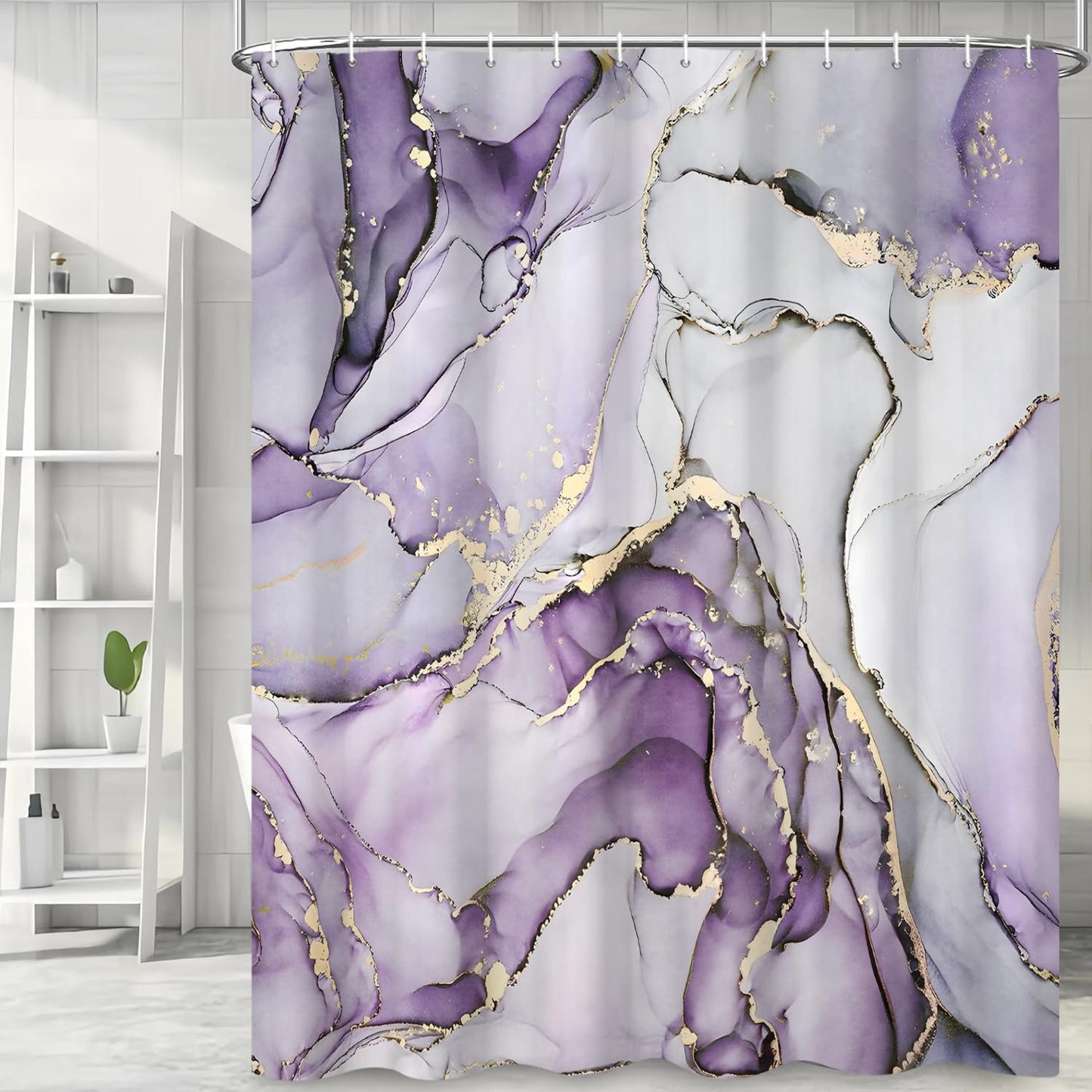 CRTPOD Purple Marble Shower Curtain, Modern Abstract Luxury Purple Gold Ink Texture Watercolor Art Bathroom Curtains Ombre Machine Washable Waterproof Fabric Bathtub Curtain Set with Hooks 72" Wx72 L