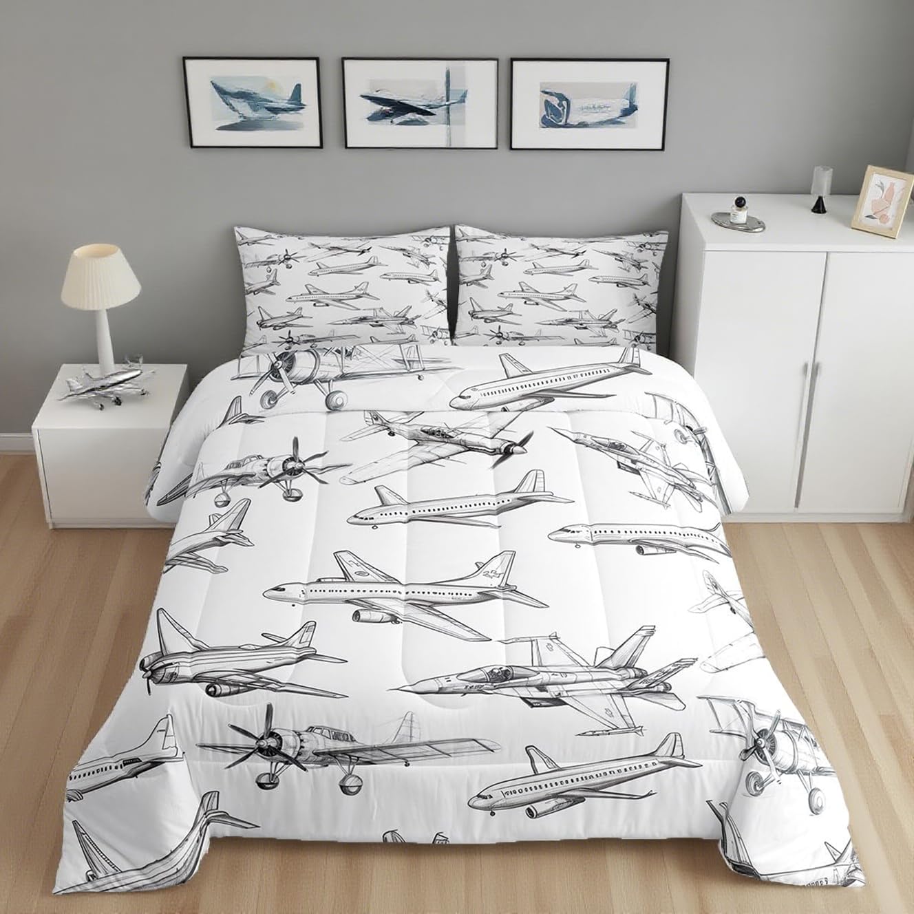 Homewish Airplane Comforter Set Twin Size Aircraft Bedding Set 2Pcs for Kids Girls Boys Teens Bedroom Decor Black White Sketch Print Quilt Set Flying Theme Duvet Insert,1 Pillowcase