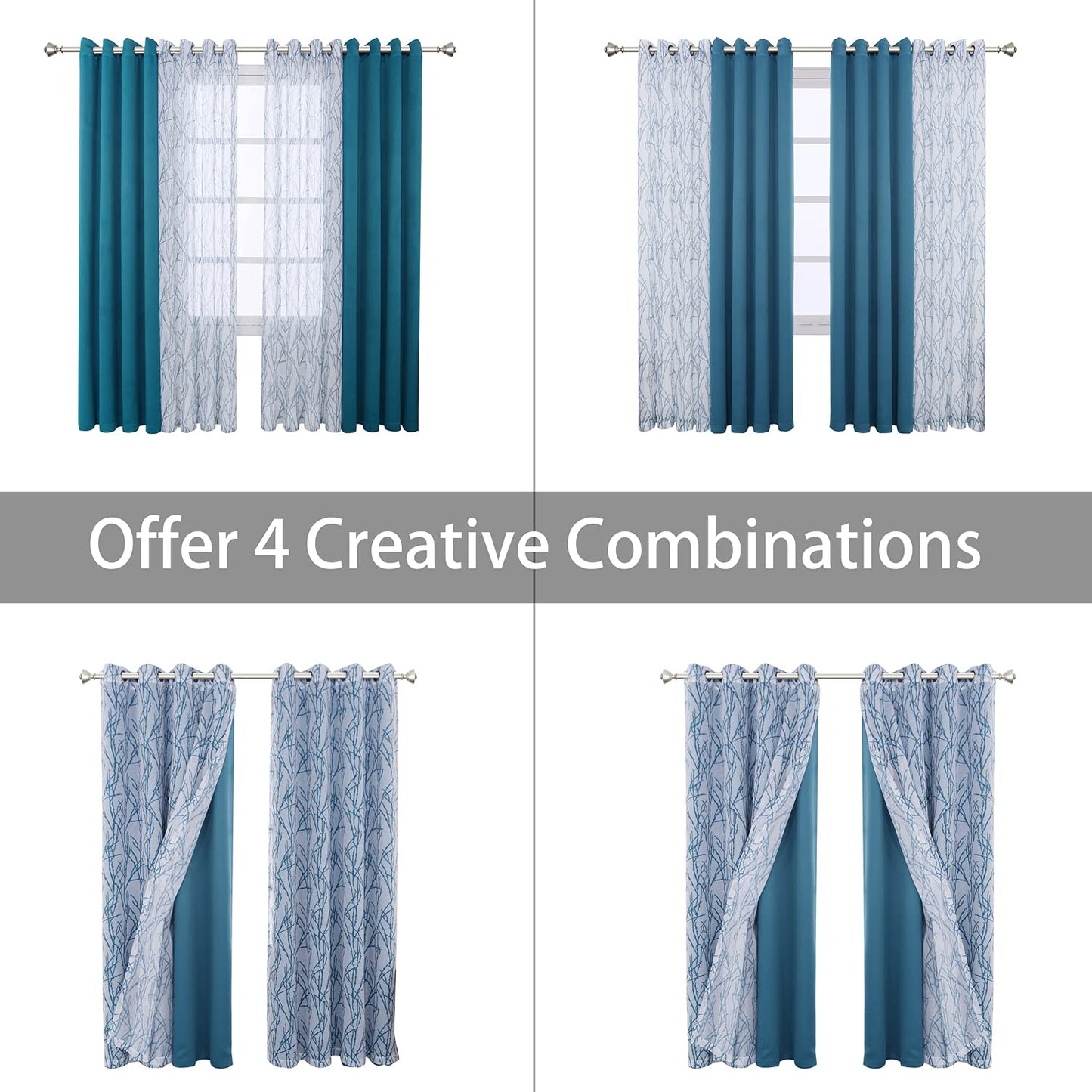 BONZER Mix and Match Curtains - 2 Pieces Branch Print Sheer Curtains and 2 Pieces Blackout Curtains for Bedroom Living Room Grommet Window Drapes, 54x95 Inch/Panel, Teal, Set of 4 Panels