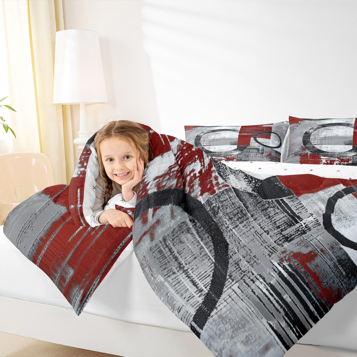 Feelyou Abstract Kids Comforter Set Full Size Modern Abstract Art Bedding Set Geometric Duvet Quilt for Kids Boys Girls Bedroom Luxury Decor Wine Ultra Soft