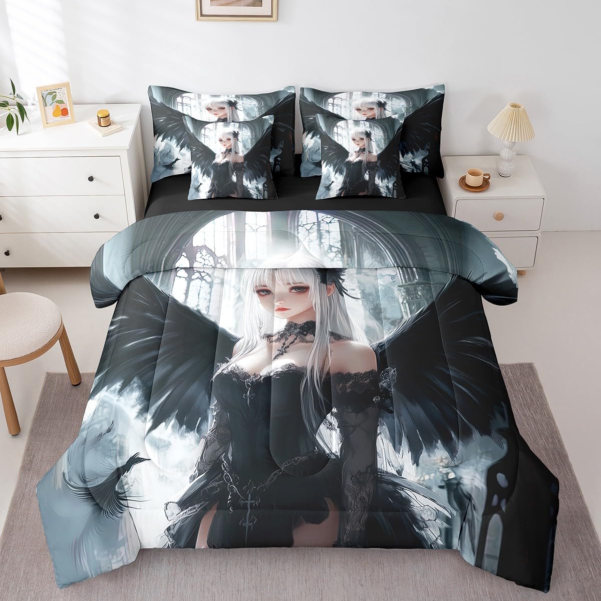 Erosebridal Anime Girl Bedding Sets 7 Piece Queen Size, Kawaii Japanese Anime Comforter Set for Kids Boys Teens Adult, Cartoon Girl Bed in A Bag Japan Animation Sheet Set, Machine Washable