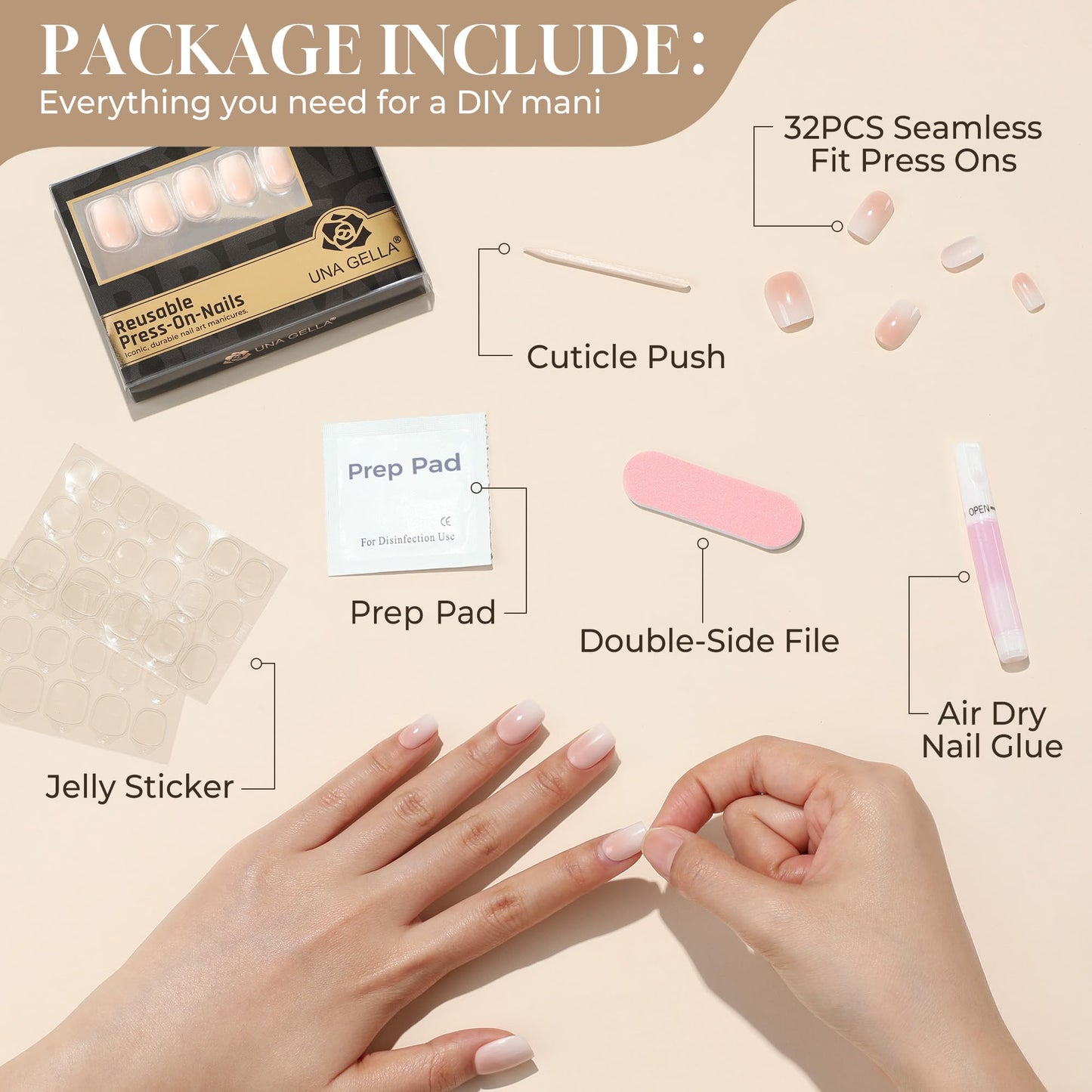 UNA GELLA Press On Nails Short Square : Ombre Soft Gel Press Ons Kit with Nail Glue Adhesive Tabs Nail File, 16 Sizes - 32Pcs Reusable Fake Nails, Nude Cream, Women Gift