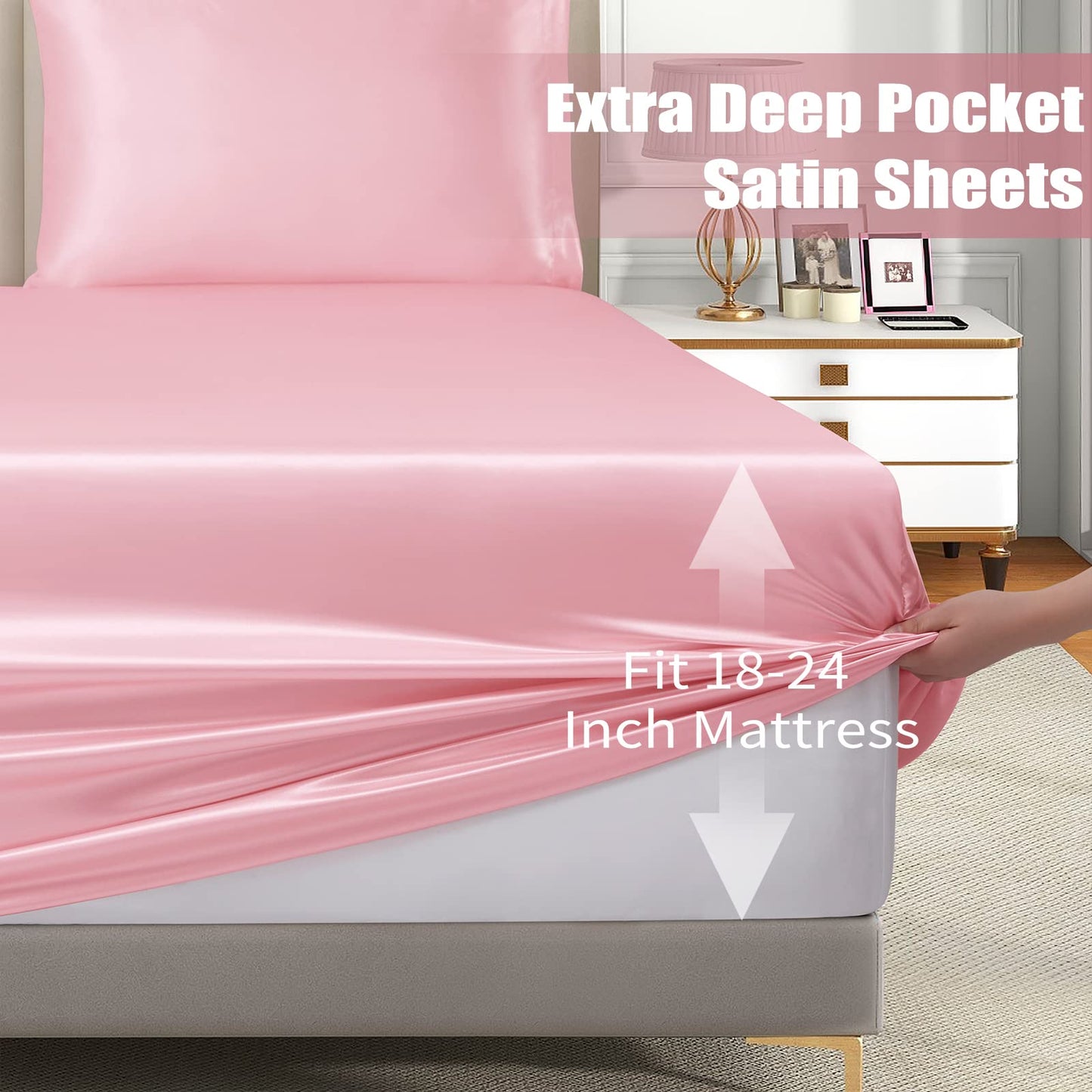 VACVELT 3pcs Extra Deep Pocket Satin Fitted Sheet Set King Bed Set, Pink Bottom Sheet Fit 18-24 Inch Deep Pocket Mattress, Silky Bedding Set Soft & Ultra Deep Fitted Sheet & 2 Pillowcase