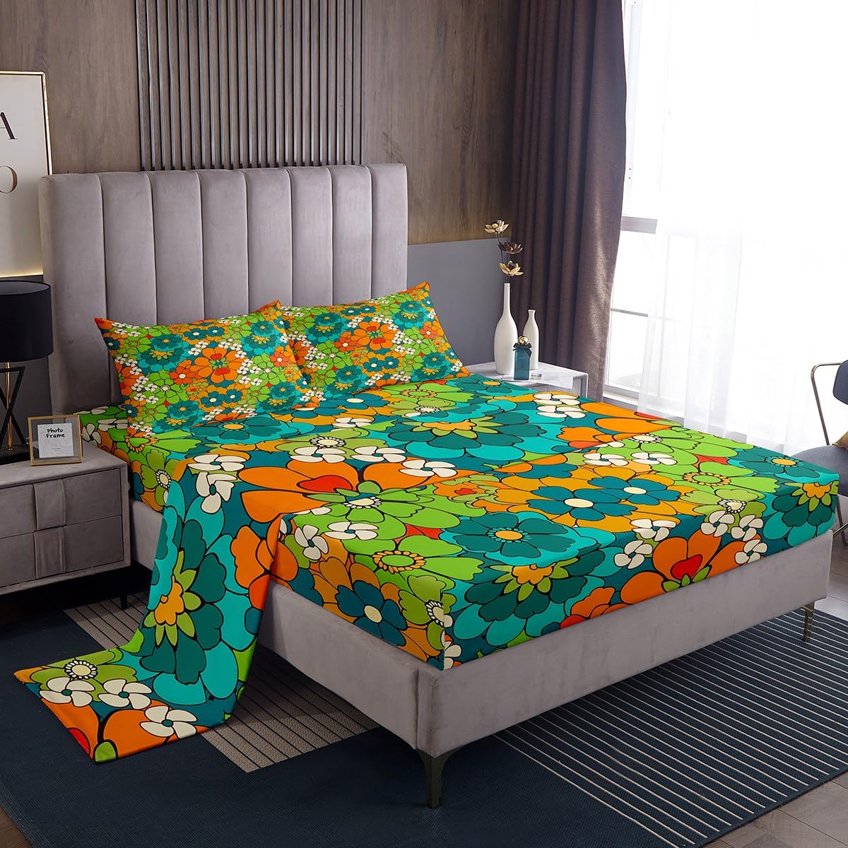 Castle Fairy Abstract Flowers Fitted Sheet Set Full Size 4Pcs,Retro Fresh Style Floral Bedding Set(1 Fitted,1 Flat,2 Pillows),Cartoon Art Deep Pocket Bed Sheets for Girls Teens Room