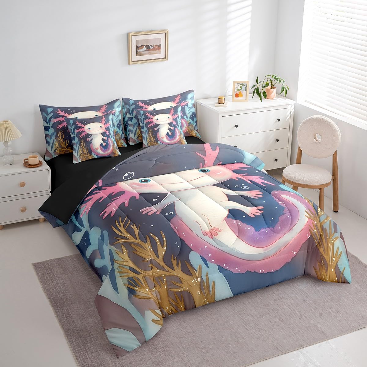 Erosebridal Cute Axolotl Kawaii Comforter Set 7 Piece Bed in a Bag Twin,Cartoon Walking Fish Bedding Sets Ocean Reptile Comforter and Sheet Set,Nautical Sea Animal Bed Set