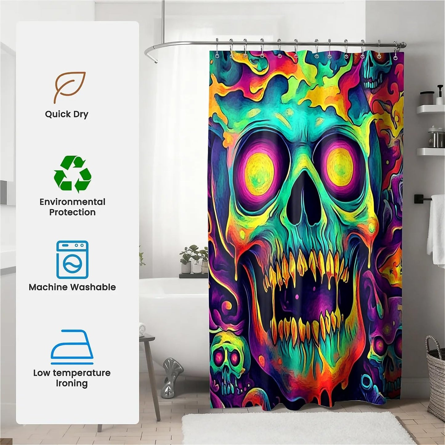 TANGXUNFA Psychedelic-Cartoon-Evil-Skull Shower Curtain for Bathroom, Water-Resistant Long Shower Curtain Set 72x72 Inch with Metal Grommets and 12 Metal Hooks