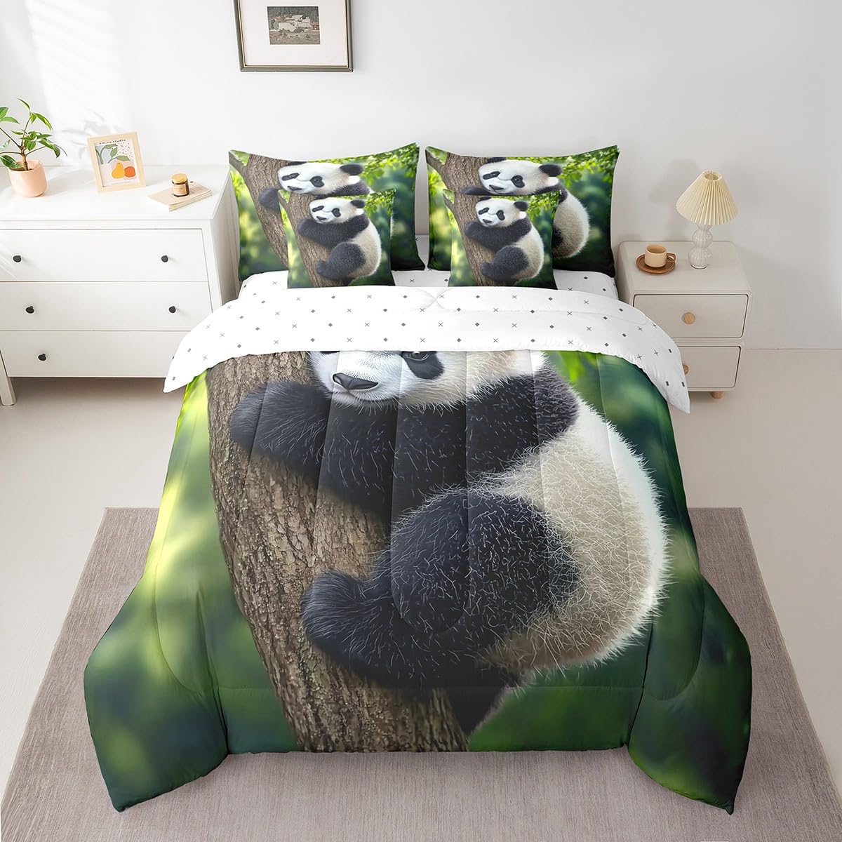 Feelyou Cute Panda Comforter Set 7 Pieces Full Size Kawaii Bear Bedding Set for Boys Girls Nature Bed in a Bag with Comforter, Sheets, Pillowcases & Cushion Covers