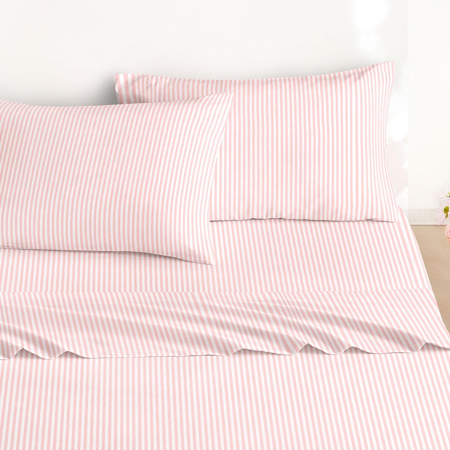 Wake In Cloud - Striped Bed Sheets, 4-Piece Sheet Set, Ticking Vertical Pin Stripe Modern Farmhouse Pattern Printed Bedding, Deep Pocket, Pink White, Queen Size