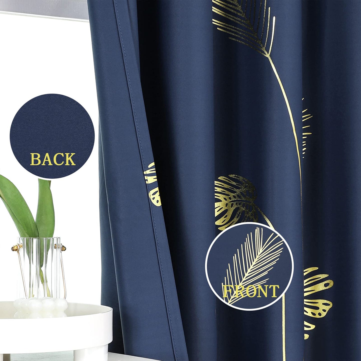Estelar Textiler Navy Blue Blackout Curtains for Living Room 84 Inch Length 2 Panels Set, Gold Palm Leaves Printed Window Drapes, Energy Saving Curtains for Bedroom, 52Wx84L
