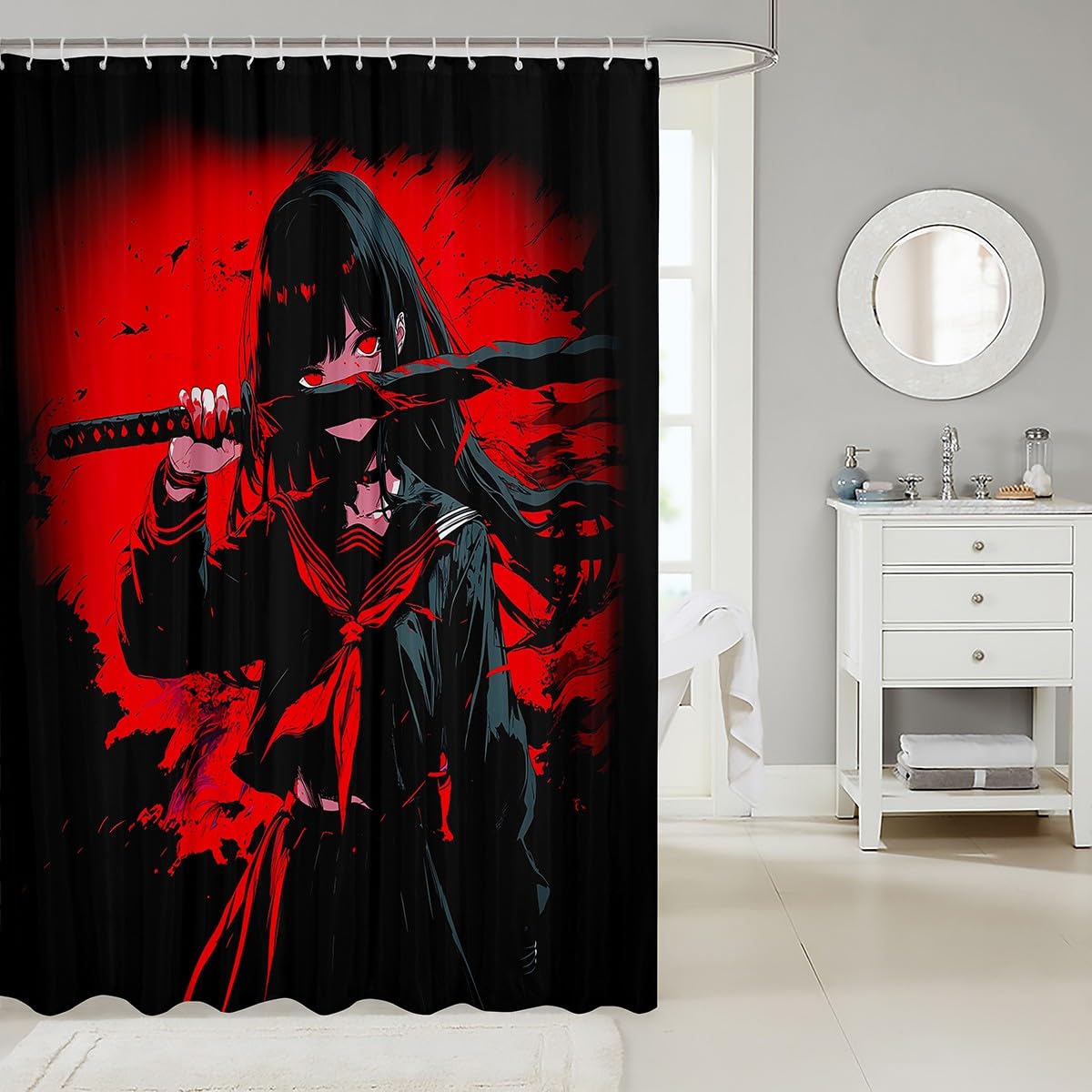 Erosebridal Japanese Anime Fabric Shower Curtains for Kids, Anime Girl Bath Curtain Japanese Girl Shower Curtain for Girls Teens, Kawaii Animation Red Black Bathroom Accessories, 72" W X 78" L