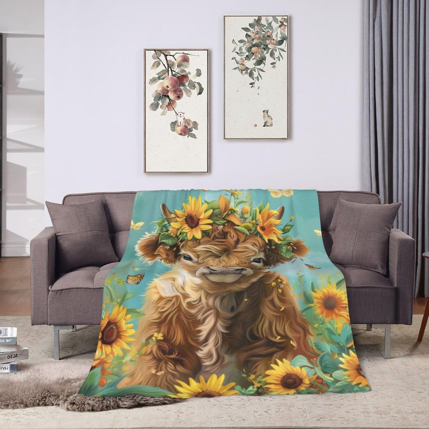 Qycazzw Highland Cow Blanket Gifts for Women Girls Kids, Sunflower Farm Animal Throw Blankets, Soft Cozy Flannel Throws for Sofa Couch Bedroom Decor 50x60in