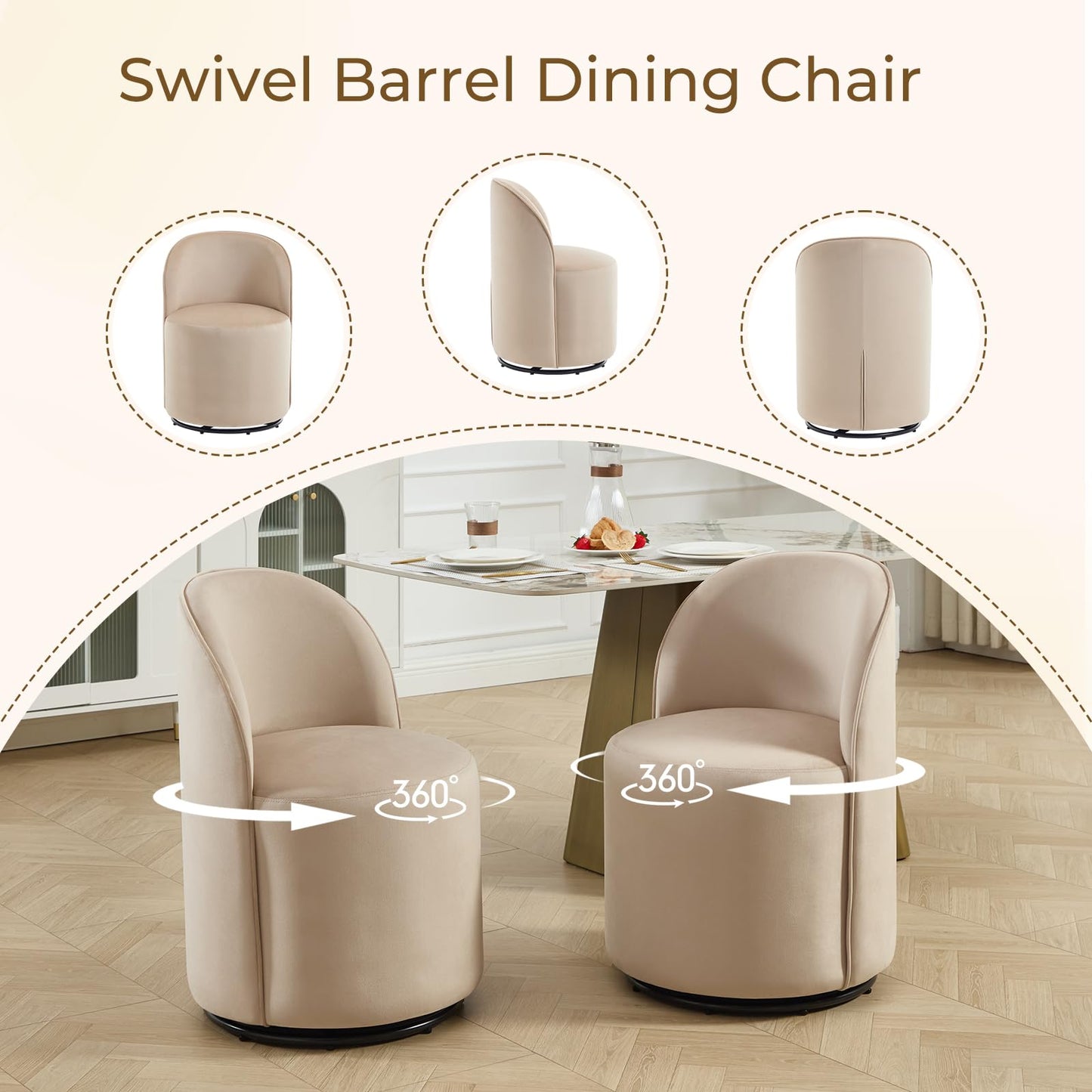 Orirsnug Modern Swivel Dining Chair Set of 1，Velvet Upholstered Swivel Barrel Chair with 360° Rotation, Comfy Round Armless Accent Vanity Side Chair for Kitchen/Dining Living Room/Bedroom, Khaki