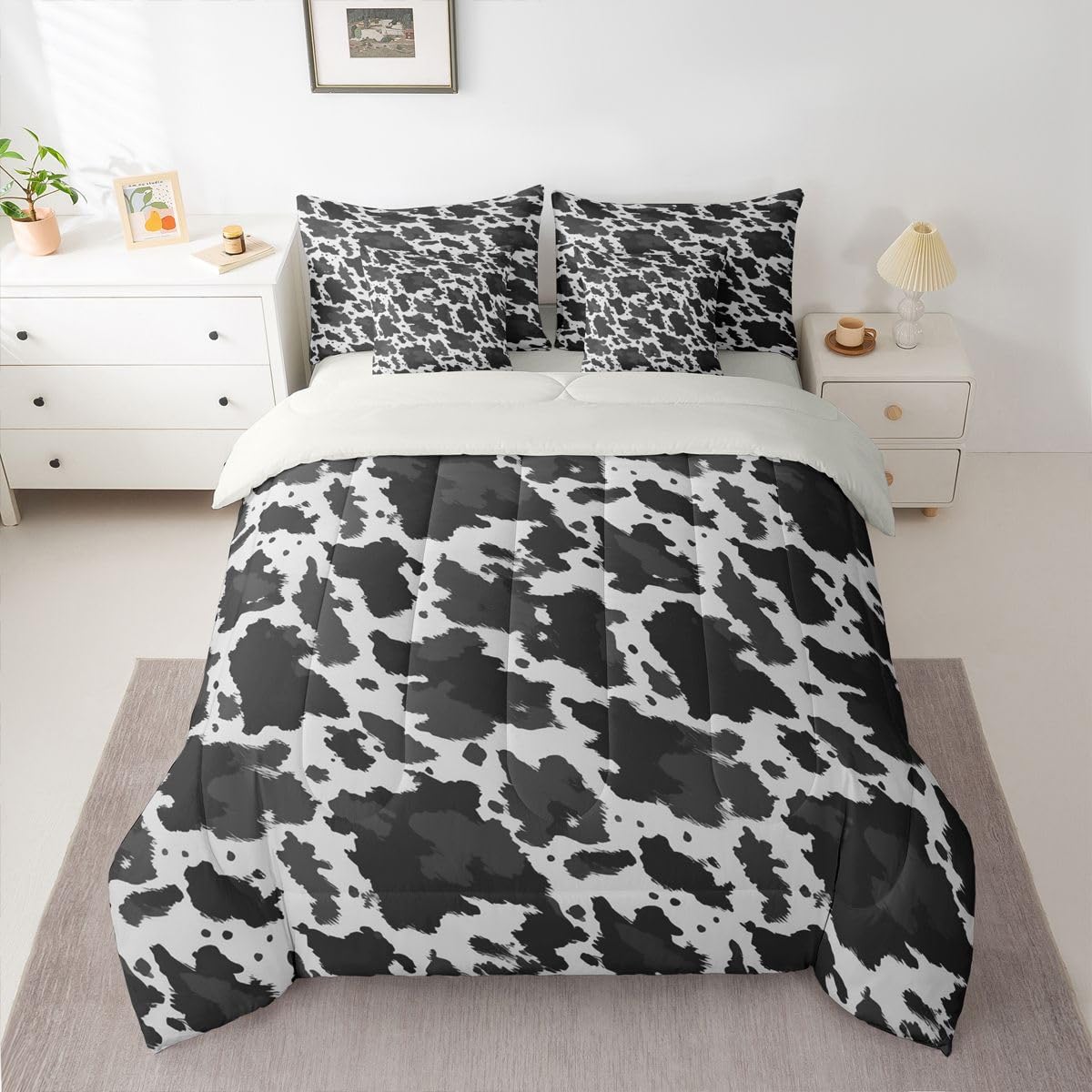 Erosebridal Cowhide Print 7 Piece Bedding Set Full Cow Skin Comforter Set with Sheets Cowboy Farmhouse Watercolors Bed in a Bag Western Animal Fur Pattern for Kids Boys Girls