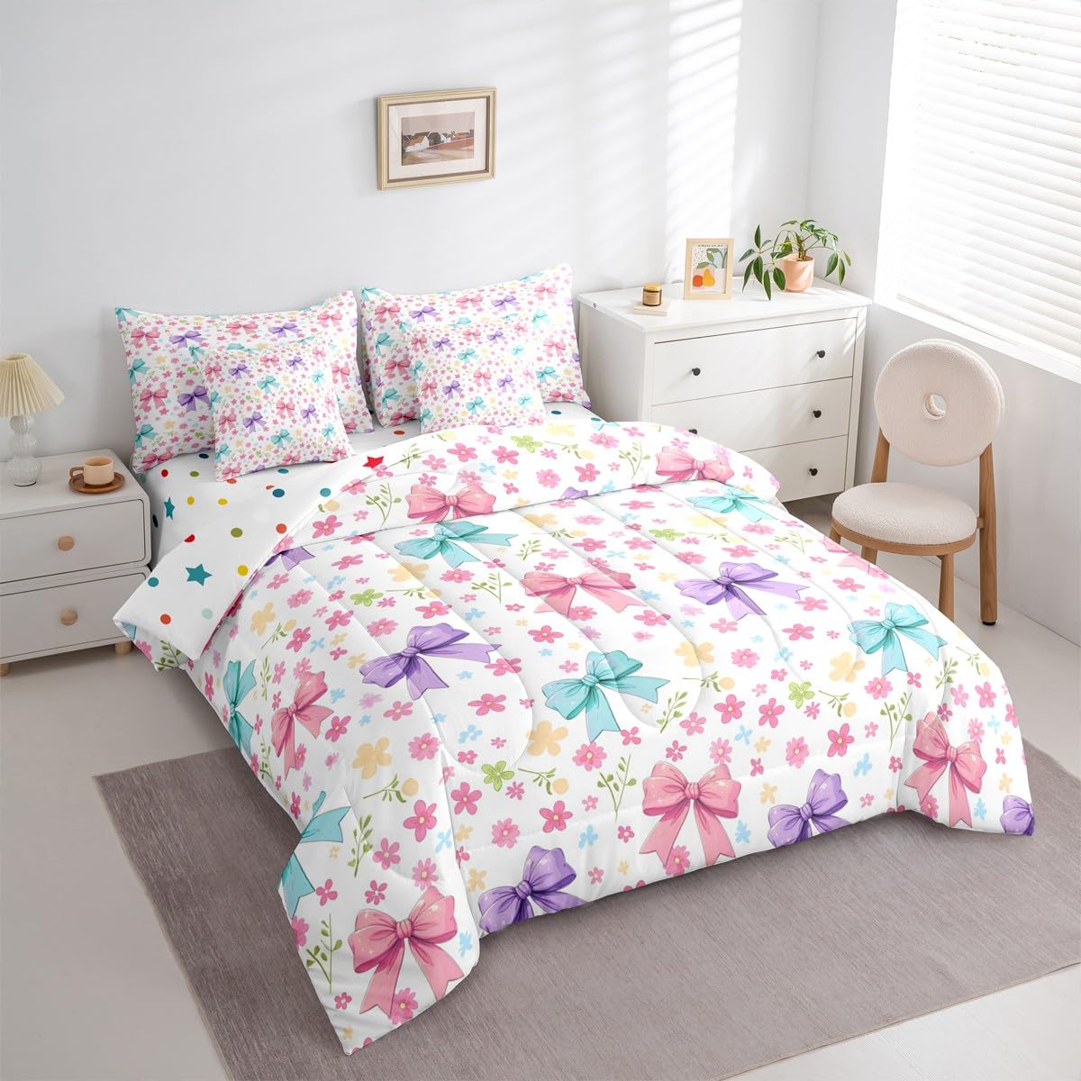 Feelyou Bow Comforter Set with Sheets 7 Piece Queen Size Floral Bed in a Bag Kids Boys Girls Cute Bedding Set Princess Style Bedroom Decor Blue Purple Pink Breathable Soft Lightweight Microfiber