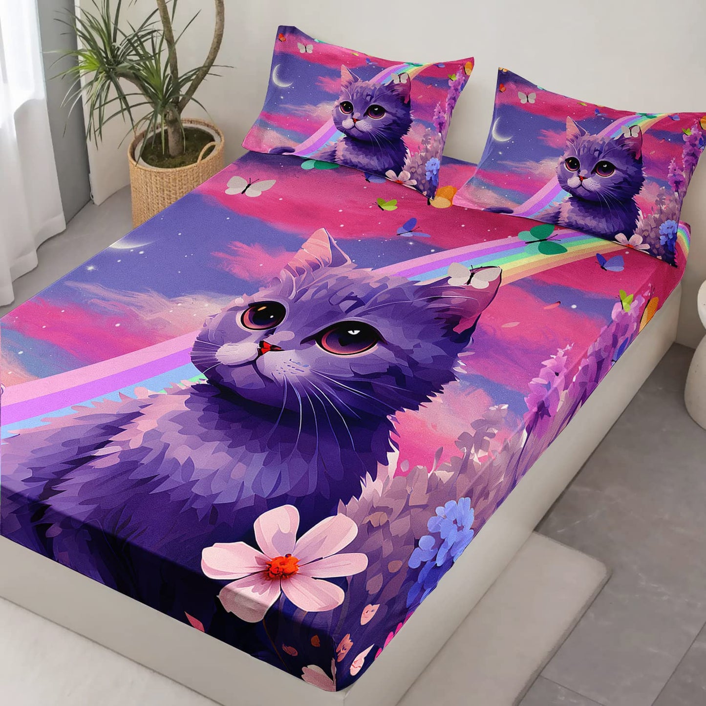 HOSIMA Cat Rainbow Floral Fitted Sheet, Kawaii Toddler Bedding Set for Girls Teens Room Decor Aesthetic, Purple Twin Sheet Set With 2 Pillowcases