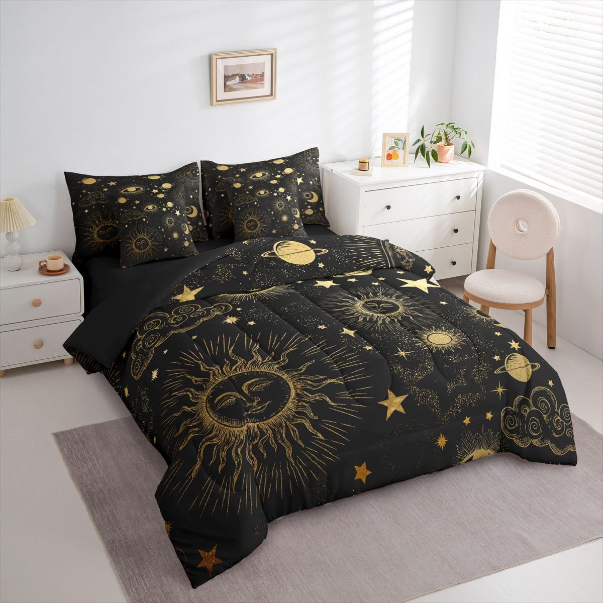 Erosebridal Sun and Moon Queen Comforter Set with Sheets | Starry Sky Series Stars 7-Piece Bedding Set Bohemian Bed in a Bag, Gold Sun Face Pattern Galaxy Cosmic Planets Bed Sets