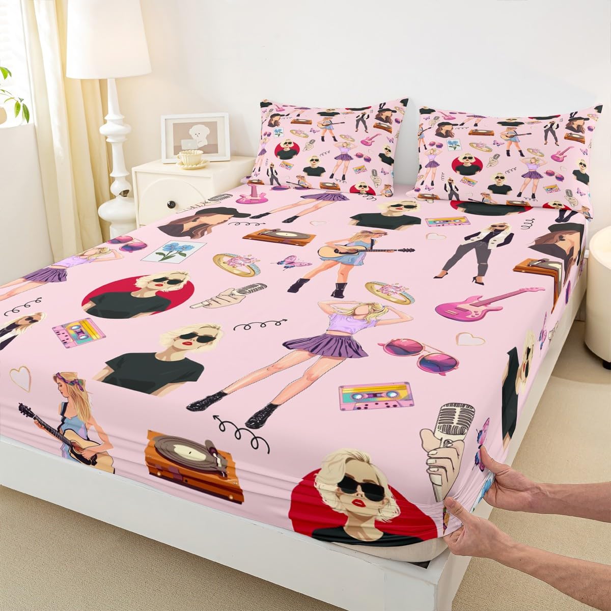 jejeloiu Music Bedding Set Full Size Girls Singer Bed Cover Gifts for Women Music Lovers Girly Guitar Bed Sheets Coworker Sister Friends Deep Pocket Fitted Sheet Pink Room Decor (No Top Sheet)