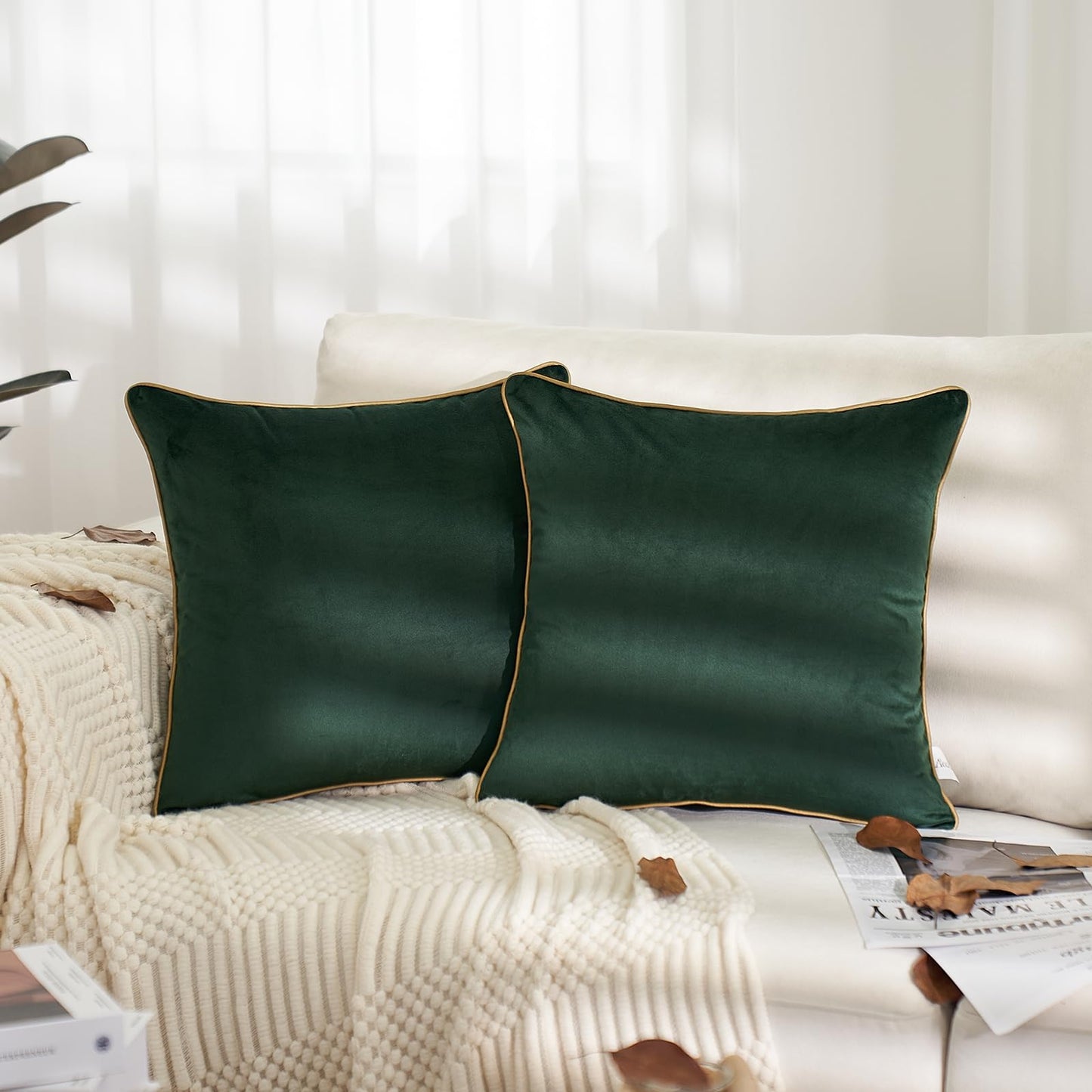 Aeckself Pack of 2 Green Velvet Pillow Covers 24 x 24 Inch, Large Modern Luxury Decorative Pillowcase with Gold Trim Edge, Comfortable Soft Solid Cushion Case for Couch Bedroom Living Room