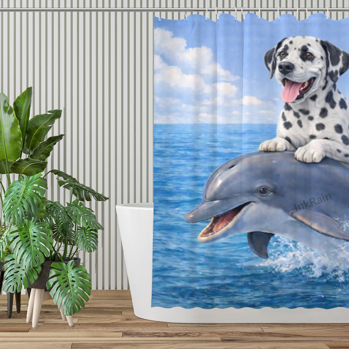 InkRain Ocean Dalmatian Shower Curtain with 12 Hooks Cute Puppy Riding Dolphin Bathroom Decor Waterproof Polyester Fabric Coastal Beach Bath Curtain 70x70 Inch