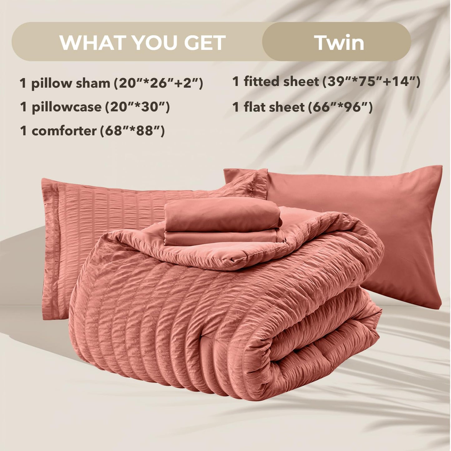 HYMOKEGE Coral Twin Comforter Set Seersucker 5 Pieces, All Season Luxury Bed in a Bag for Bedroom, Bedding Set with Comforter, Sheets, Pillowcase & Sham