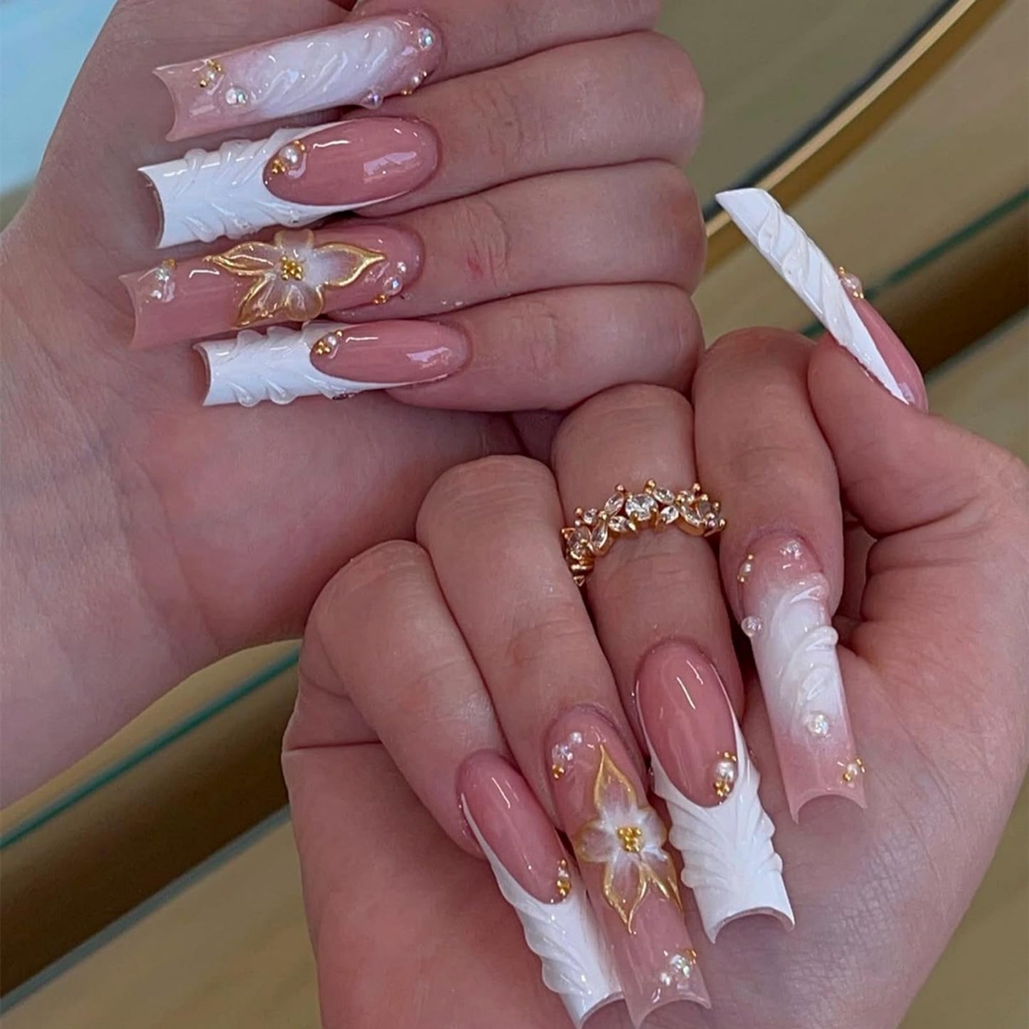 SEENEEY Long Square Press on Nails Pink Fake Nails French Artificial Nail Floral Stick on Nail for Women 24pcs