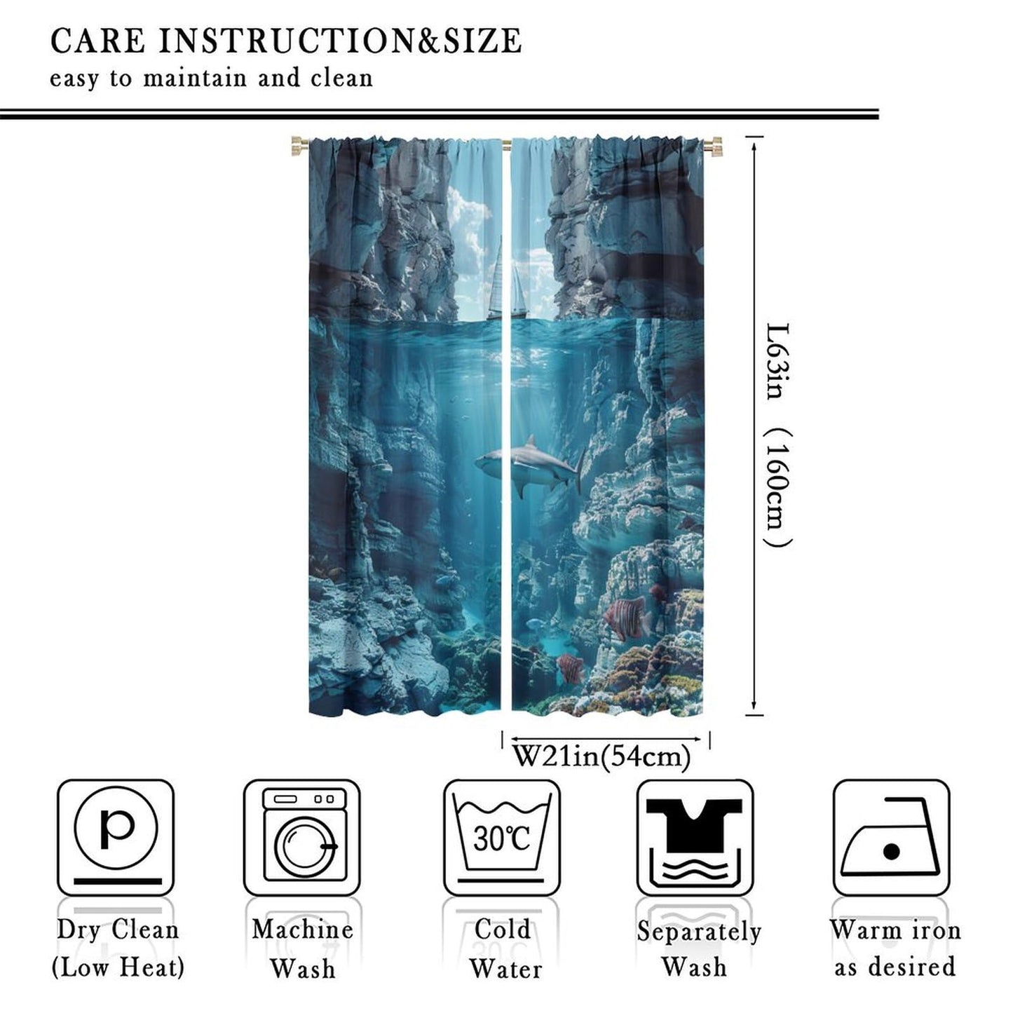 TOWINSFB Nautical Sailboat Shark Blackout Curtains for Living Room Bedroom, Ocean Rock Coral Fish Scenery Window Curtains Rod Pocket Thermal Insulated Window Drapes, 2 Panels, Each 21W x 63L
