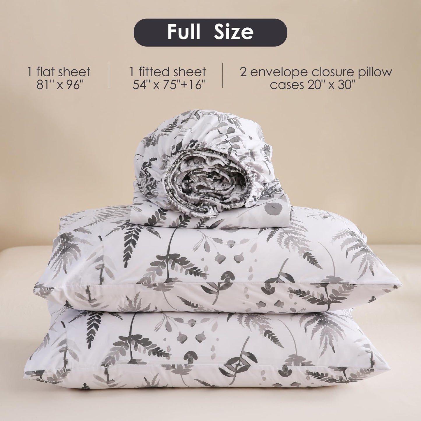 JSD Boho Floral Sheet Set Full Size, 4 Piece Grey Herbs Ferns Printed Microfiber Bed Sheets Deep Pocket