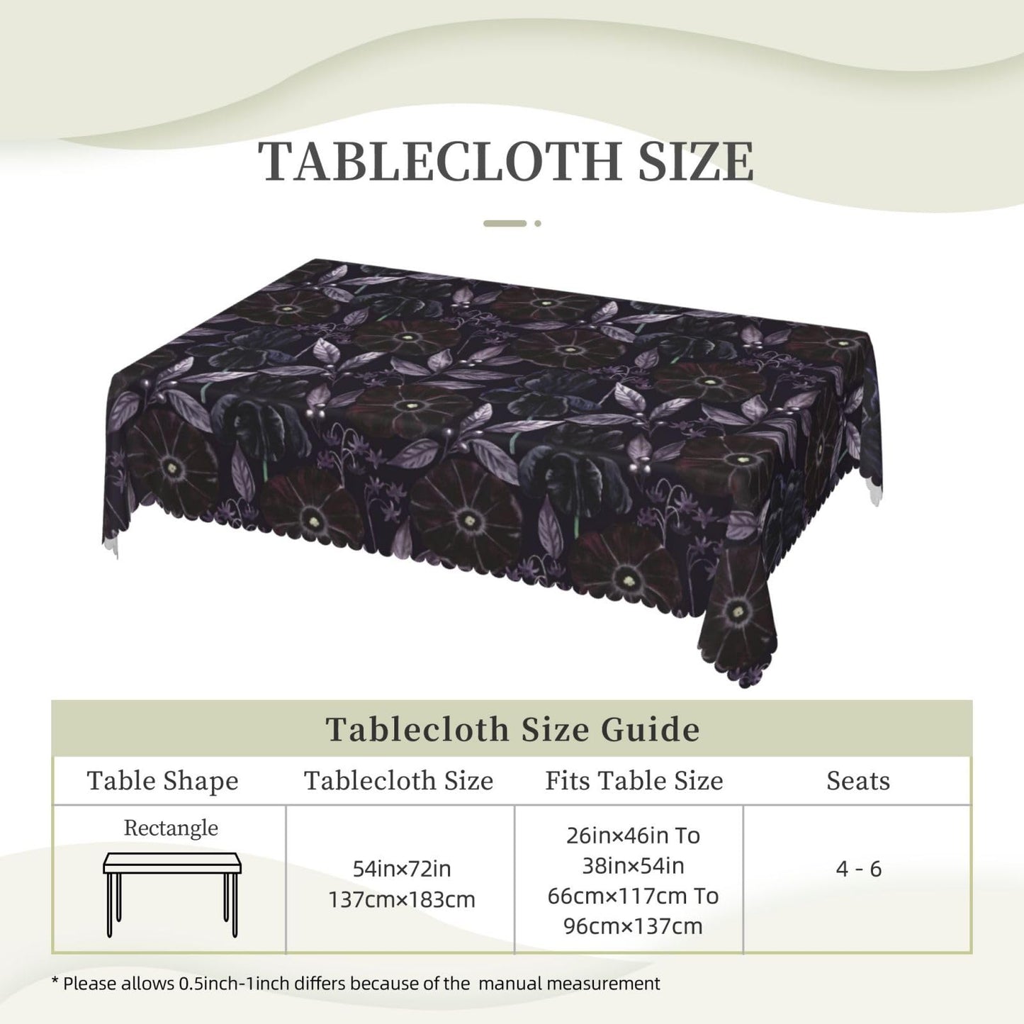 GOUROISE Floral Black Rectangular Tablecloth, Purple Flowers 54x72 Inch Wavy Lace Border Polyester Table Cloth for Dining, Kitchen, Parties