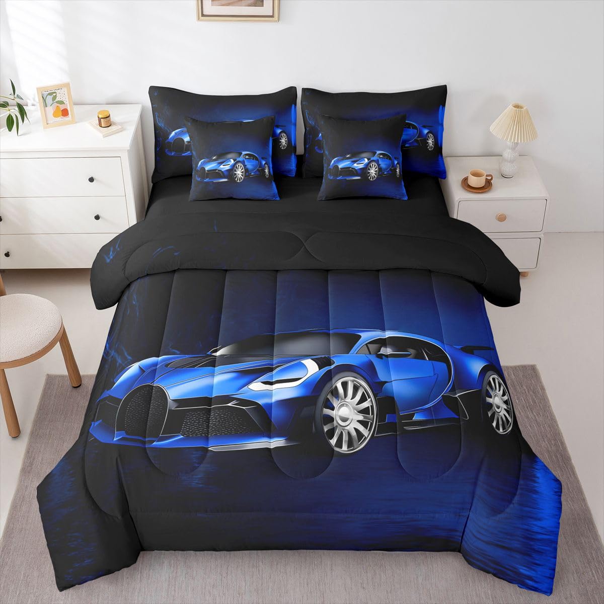 Feelyou Sports Car 7 Piece Bedding Set Blue Race Car Comforter Set with Sheets for Kids Boys Girls Extreme Sports Theme Bed in a Bag Cool Speed Luxury Car Decor Bed Set with 2 Pillowcases Queen