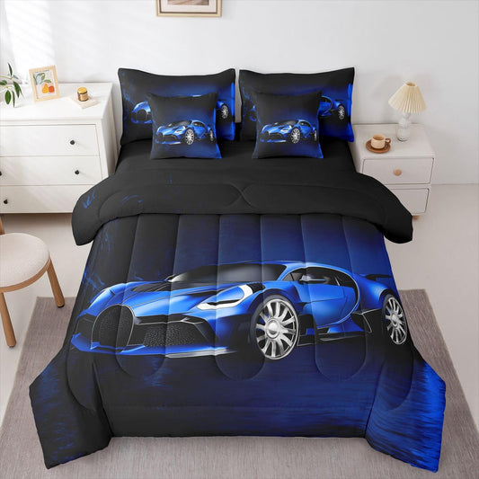 Feelyou Sports Car 7 Piece Bedding Set Blue Race Car Comforter Set with Sheets for Kids Boys Girls Extreme Sports Theme Bed in a Bag Cool Speed Luxury Car Decor Bed Set with 2 Pillowcases Queen