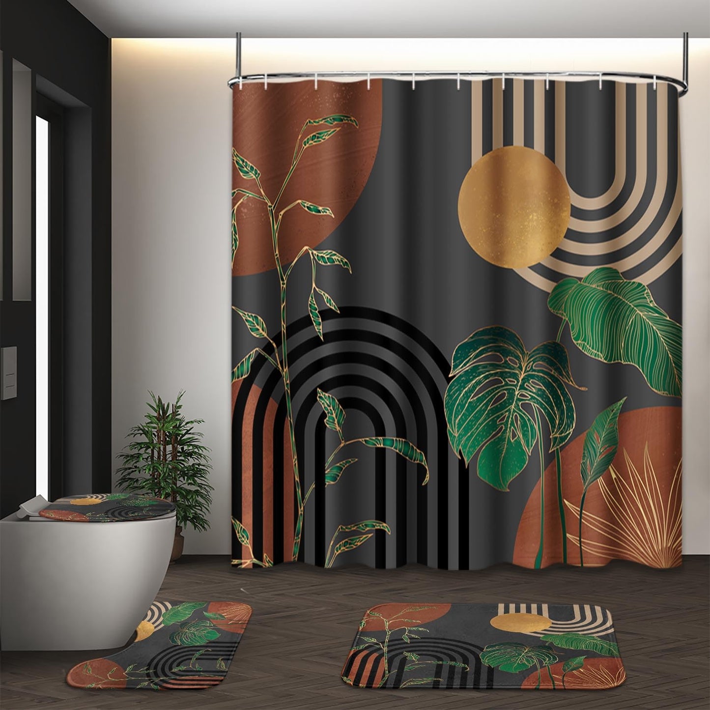 Tayney Brown Boho Mid Century Shower Curtain Set with Toilet Lid Cover and Non-Slip Rugs, Abstract Retro Grey Background 4 Pcs Modern Minimalist Aesthetic Shower Curtain for Bathroom Set with 12 Hooks